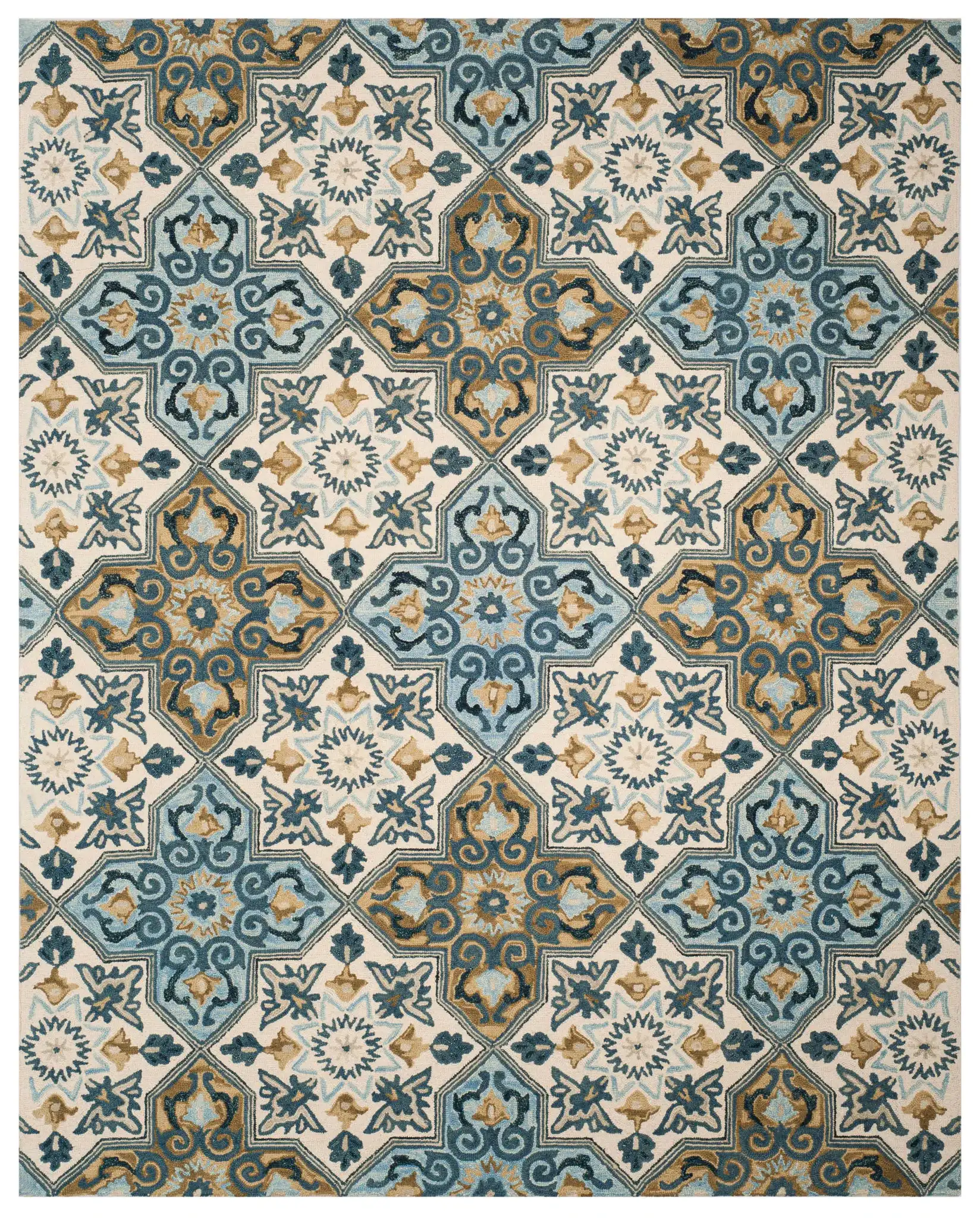 Suzani Floral Tile Hand-Hooked Wool Rug in Ivory / Blue