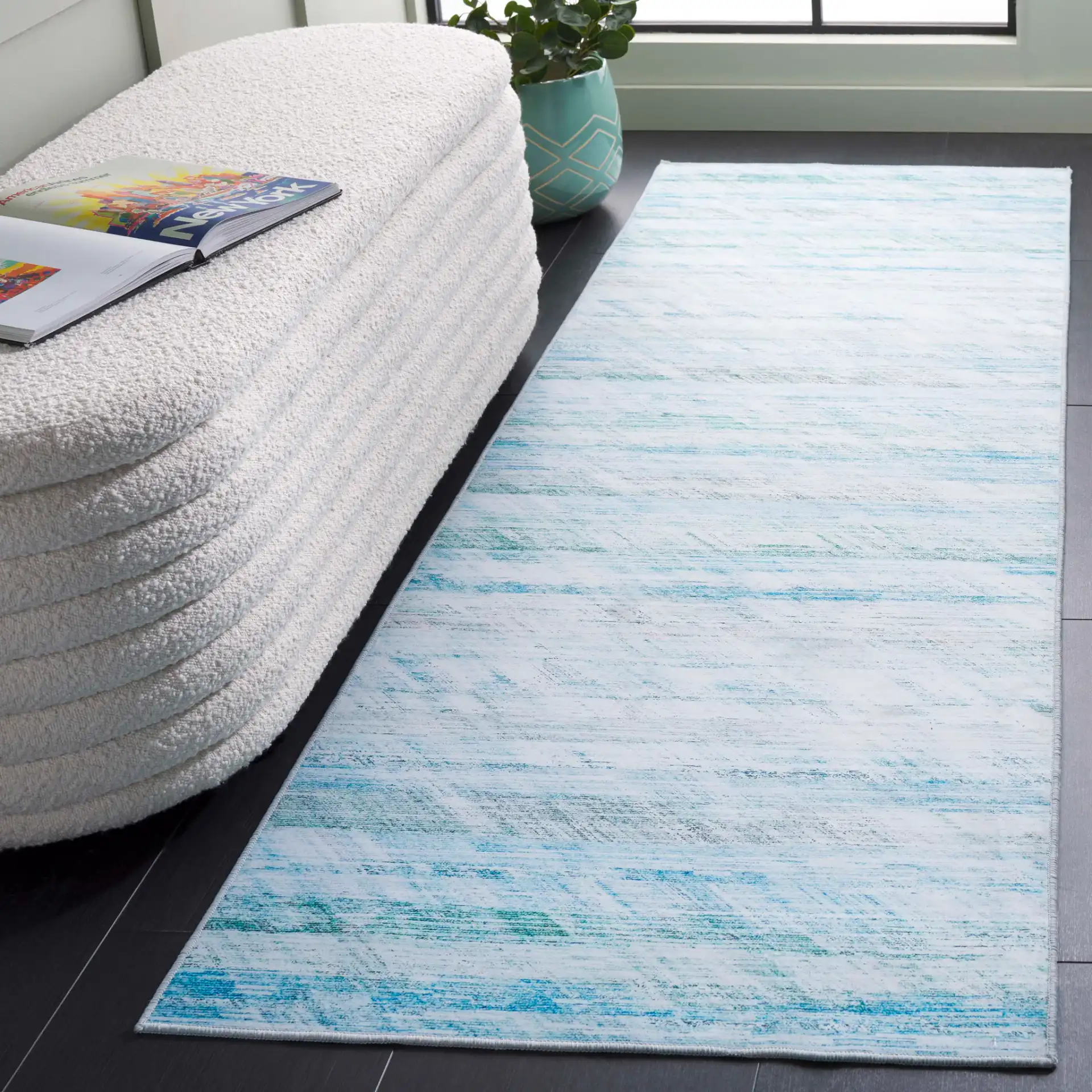 Tacoma Striated Abstract Washable Rug in Gray / Aqua in a styled room