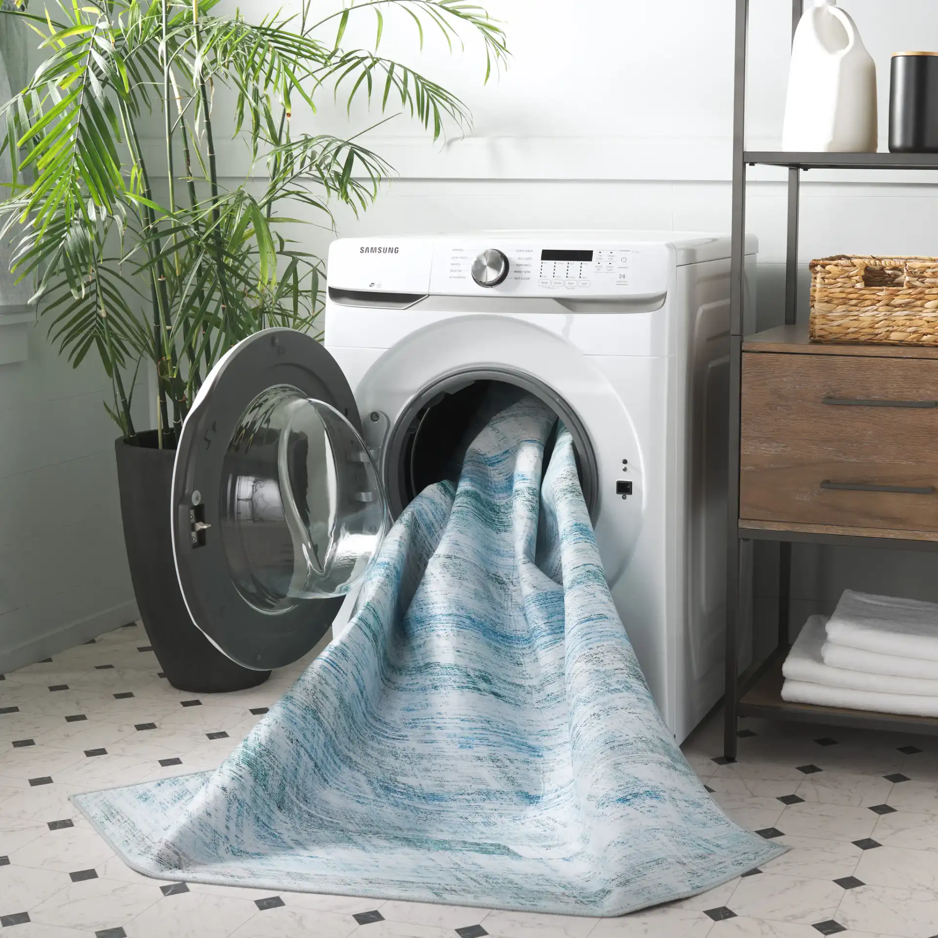 Tacoma Striated Abstract Washable Rug in Gray / Aqua in a styled room