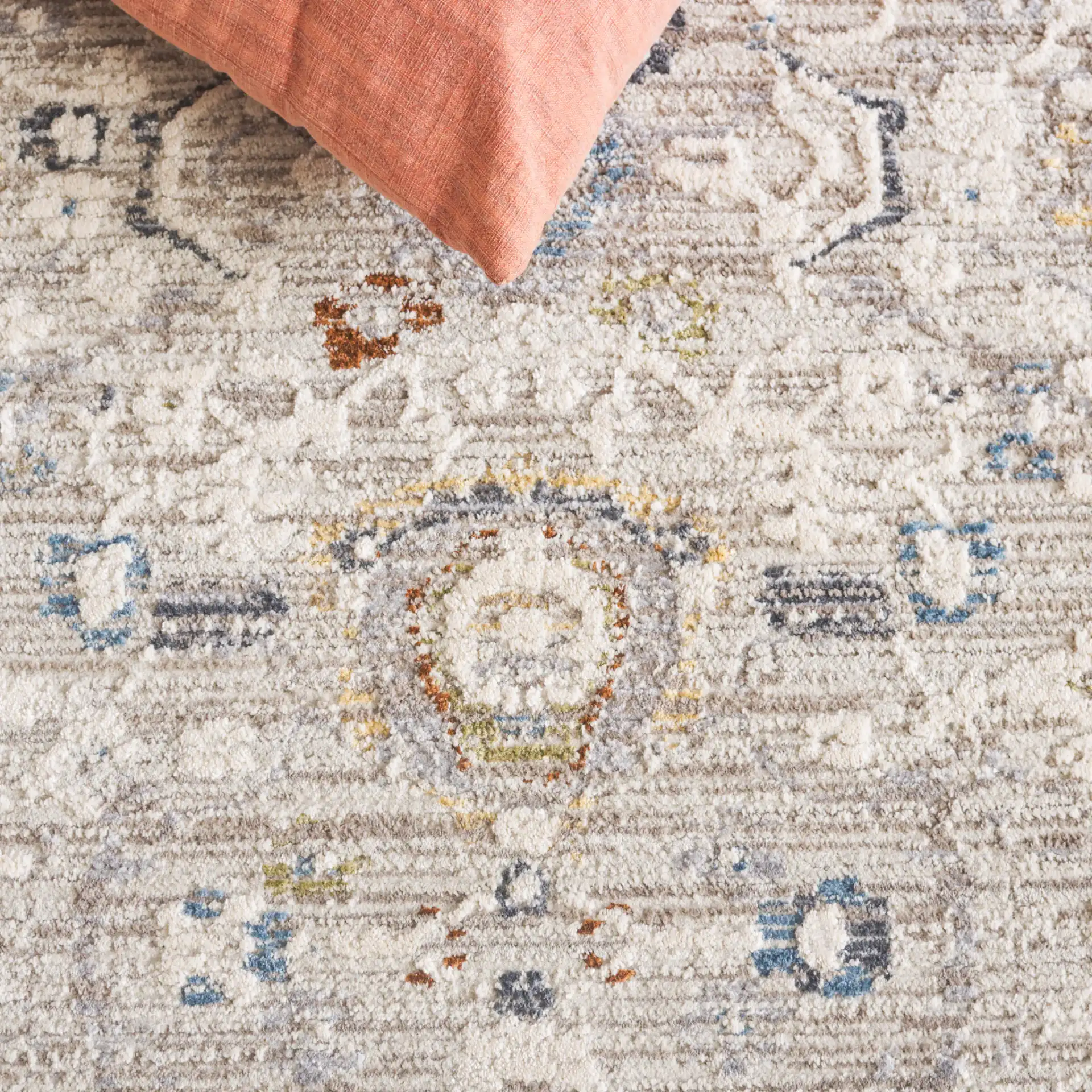 Taylor Distressed Bordered Rug in Ivory / Gray in a styled room