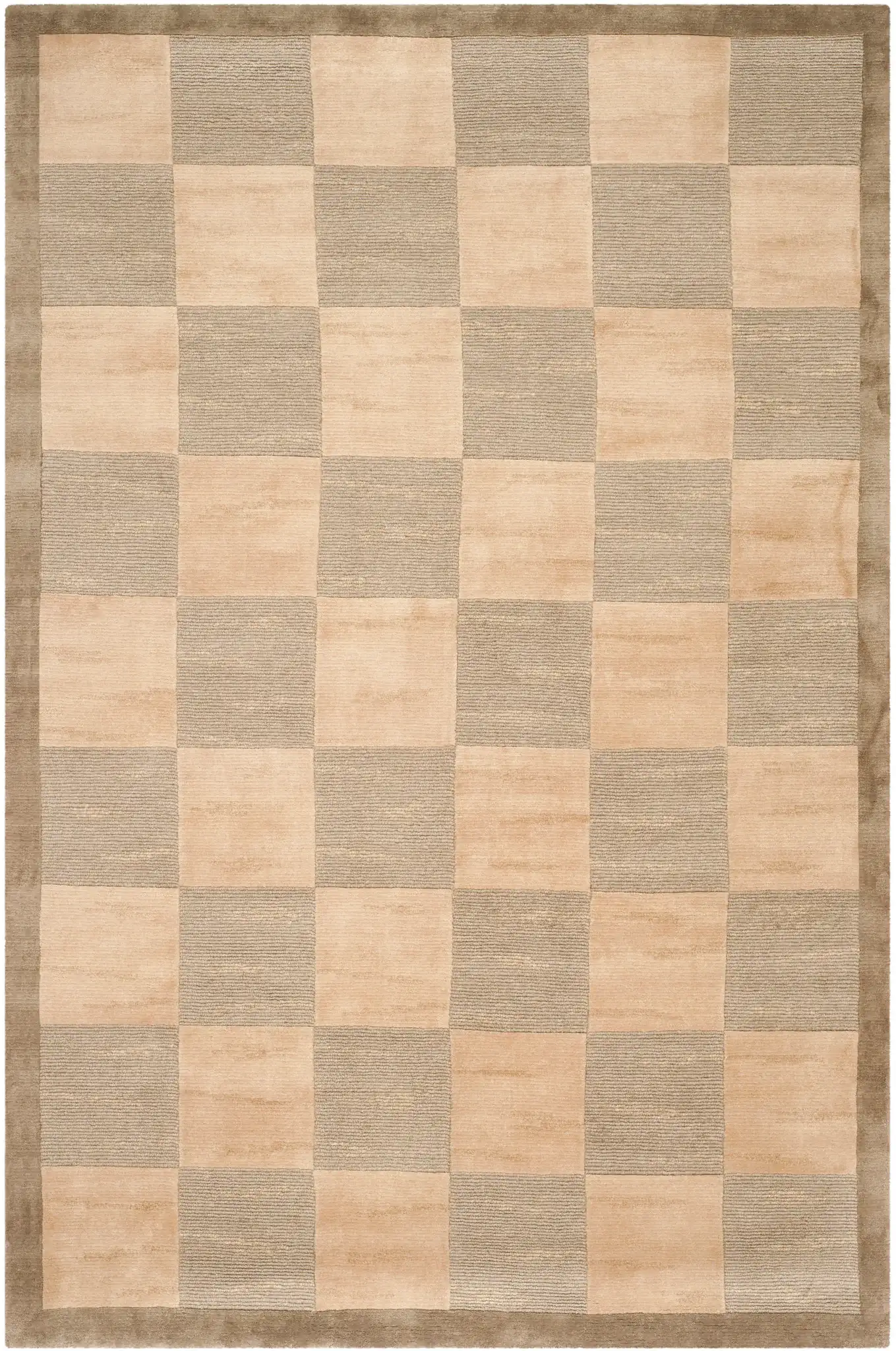 Tibetan Checkerboard Hand-Knotted Wool Rug in Green / Beige