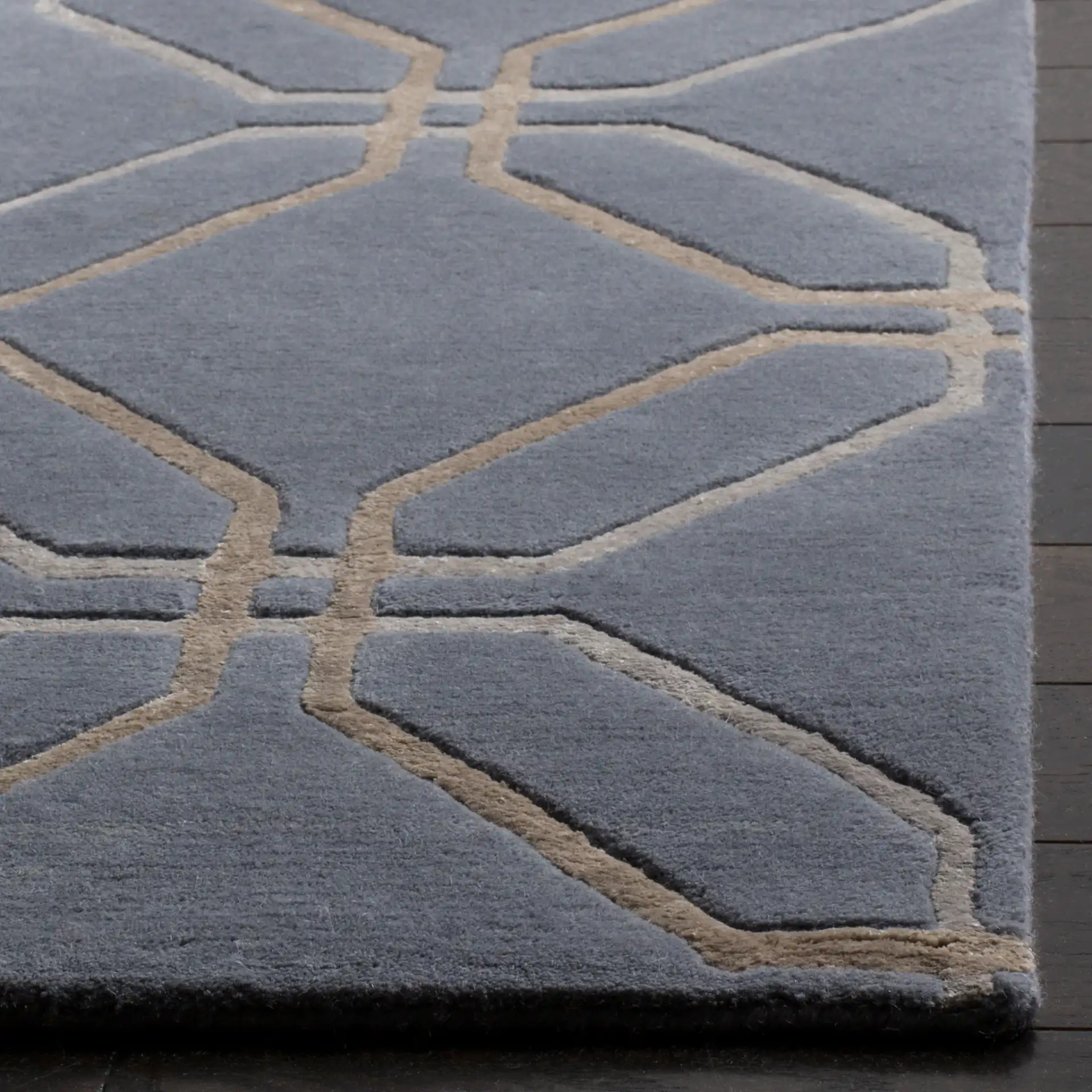 Tibetan Lattice Hand-Knotted Wool Rug in Blue in a styled room