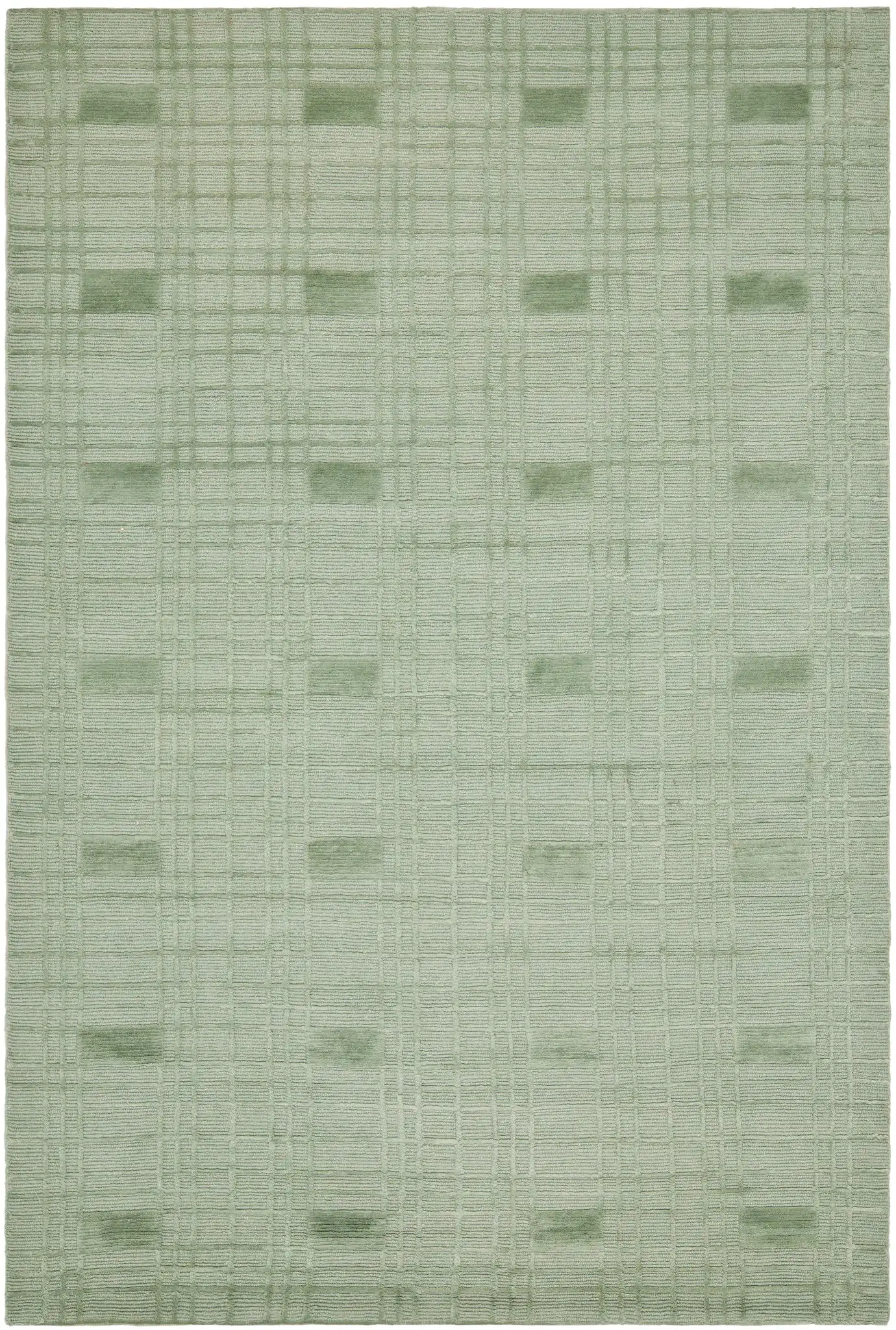 Tibetan Grid Hand-Knotted Wool Rug in Celadon, detail view