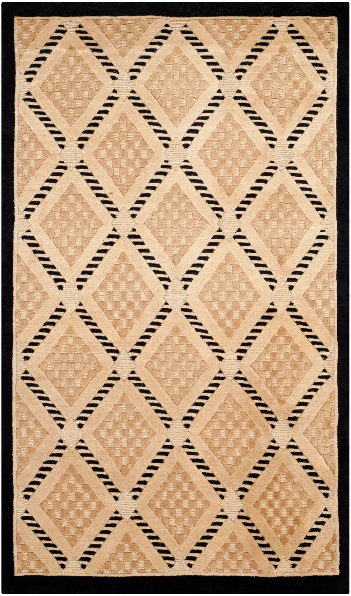 Tibetan Textured Diamond Hand-Knotted Wool Rug in Black / Gold