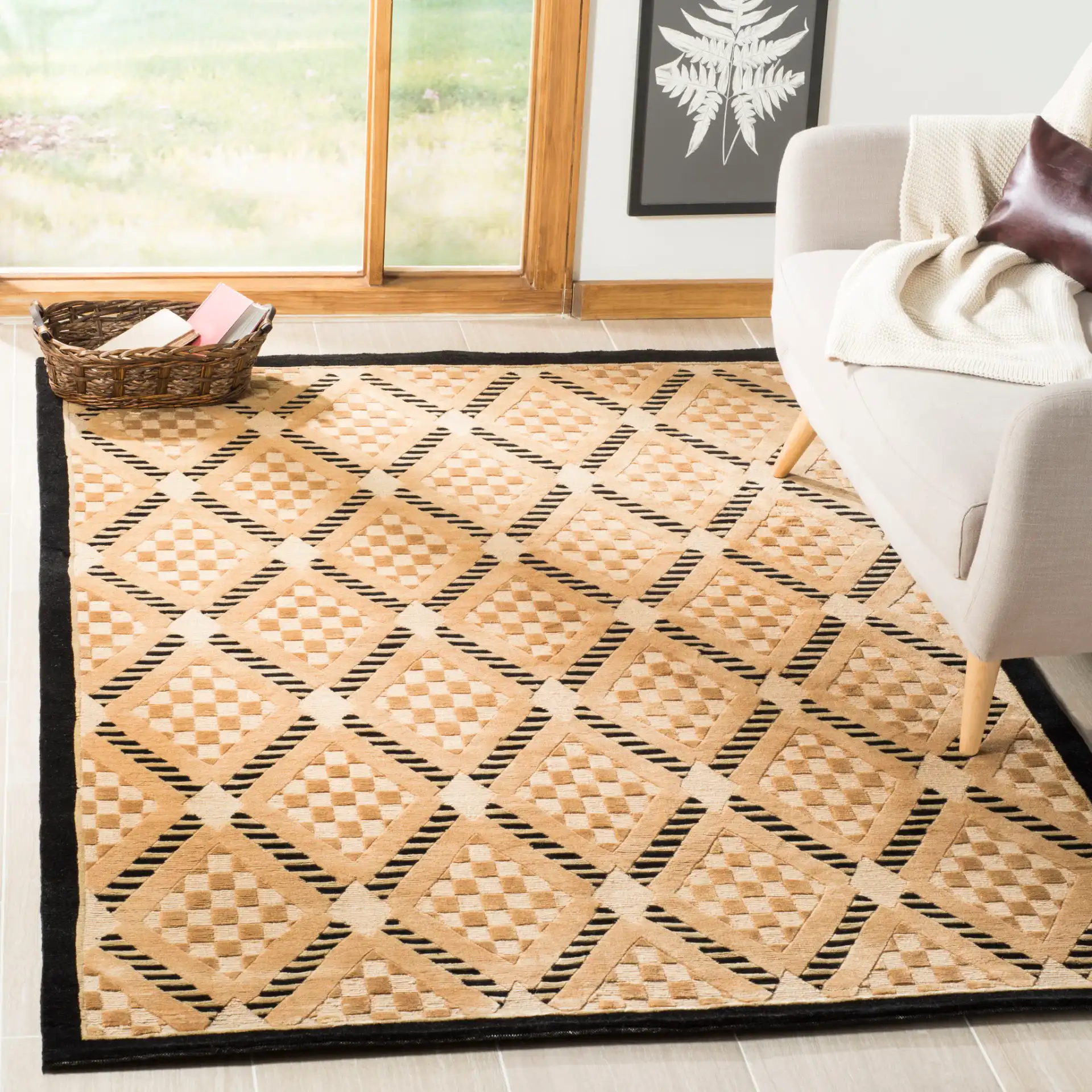Tibetan Textured Diamond Hand-Knotted Wool Rug in Black / Gold in a styled room