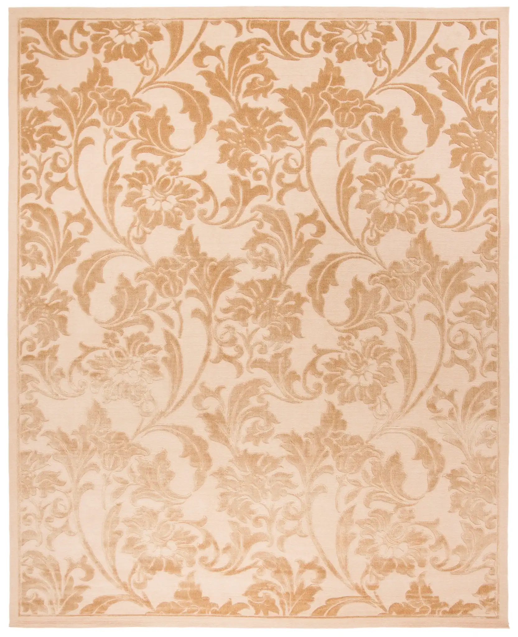 Tibetan Carved Floral Hand-Knotted Wool Rug in Cream