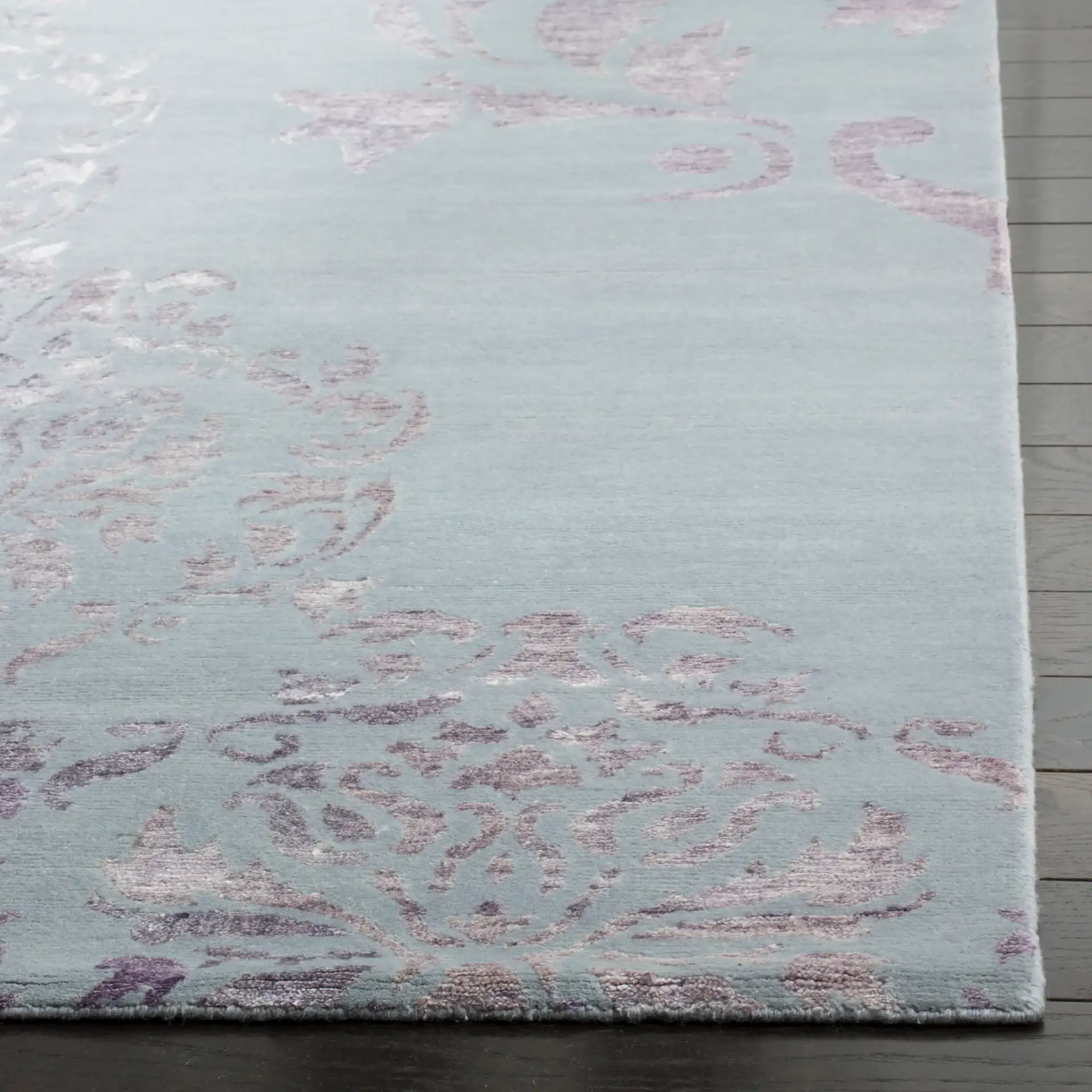 Tibetan Glam Faded Damask Hand-Knotted Rug in Beige / Purple in a styled room
