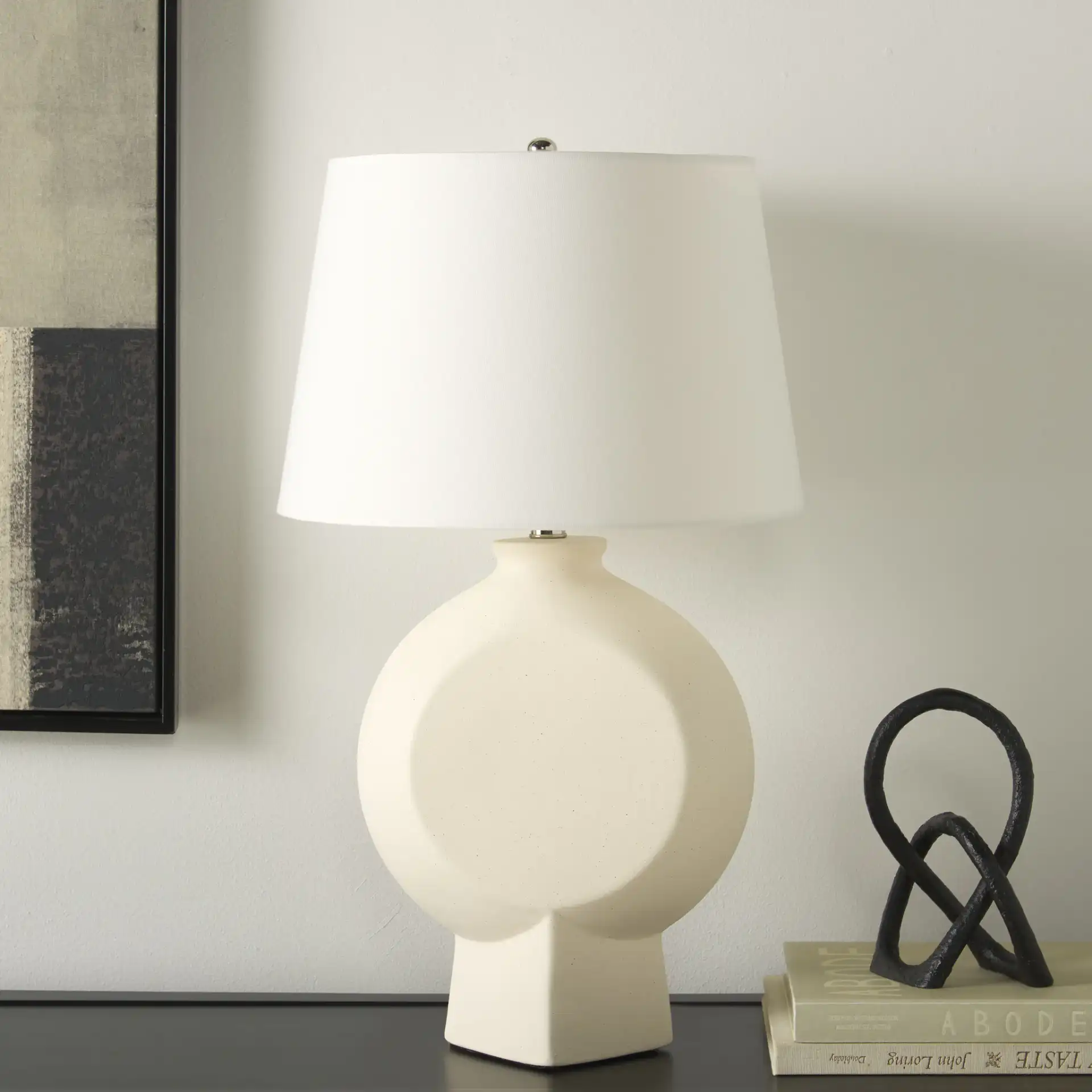 Alena Table Lamp in White in a styled room