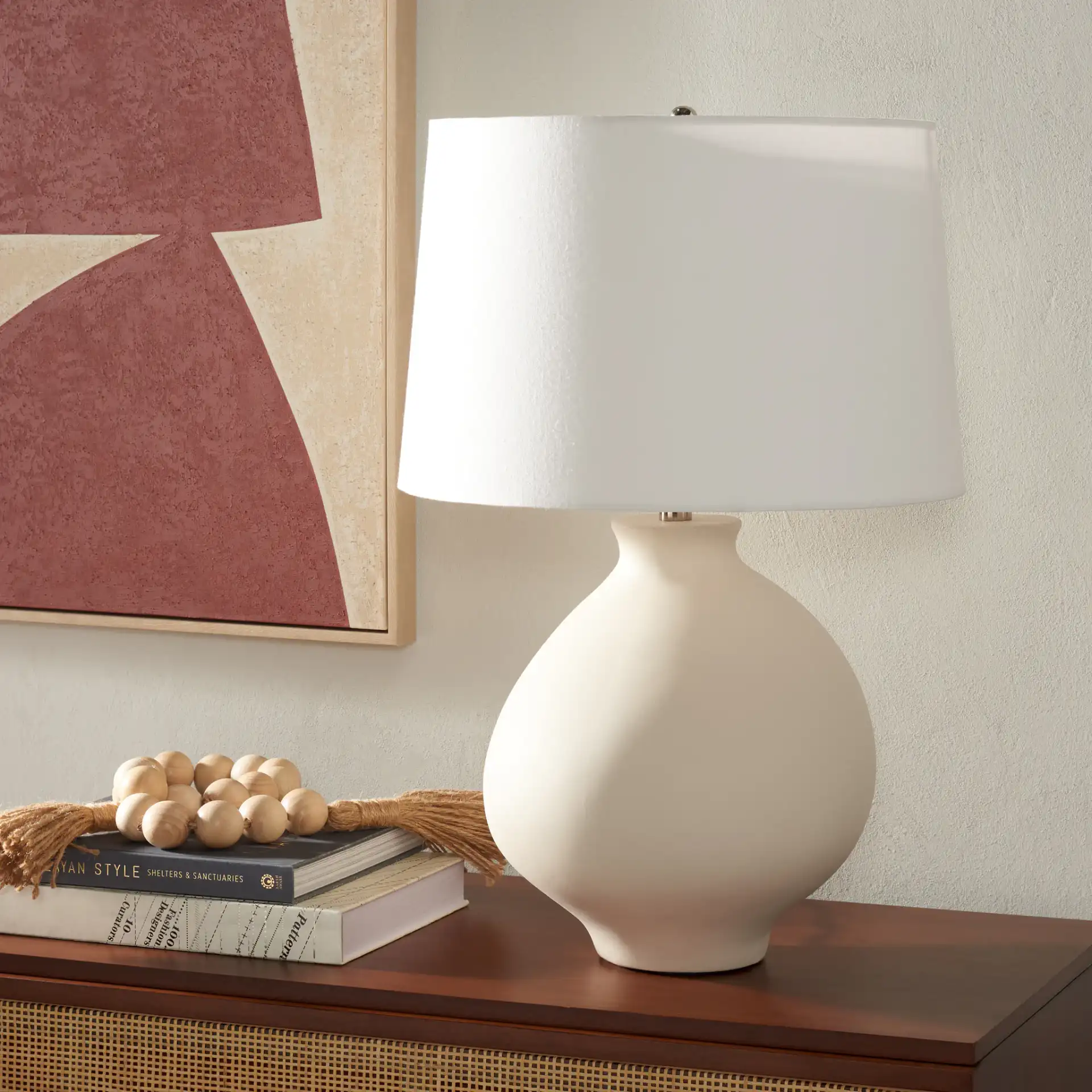 Costa Table Lamp in White in a styled room