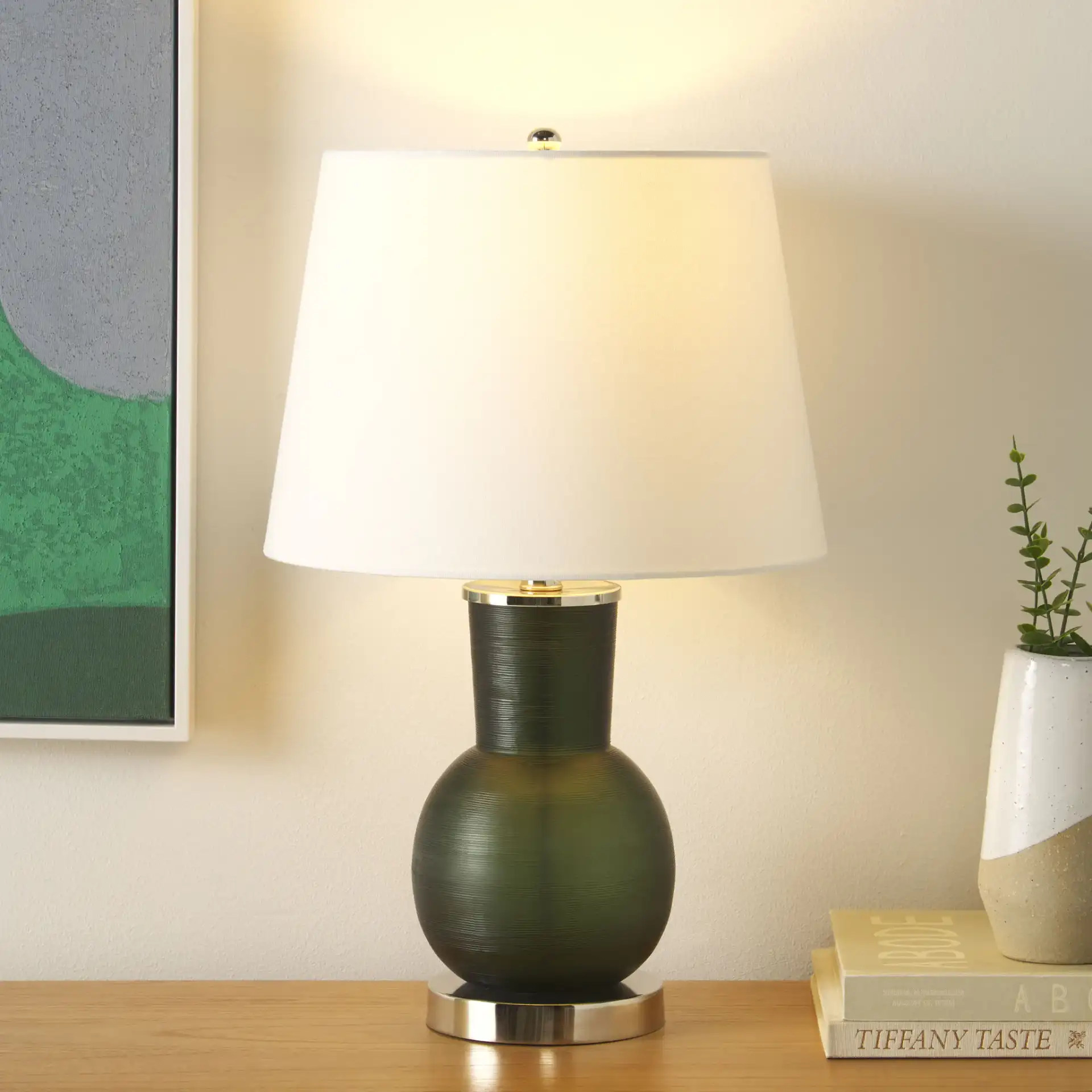 Nirav Table Lamp in Green in a styled room