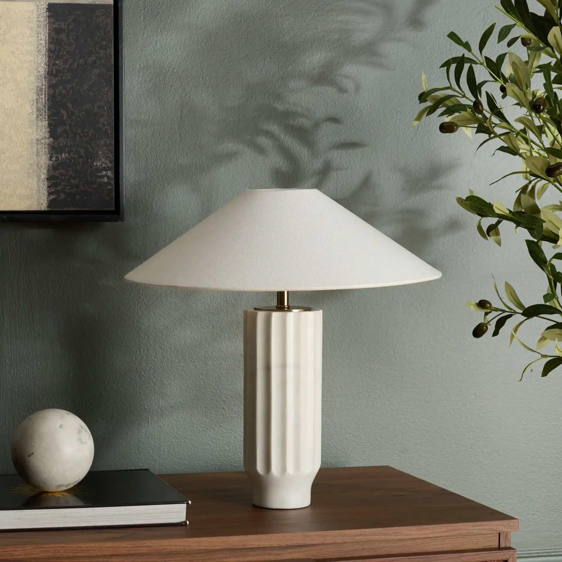 Kori White Marble Table Lamp in Gray / Beige in a styled room