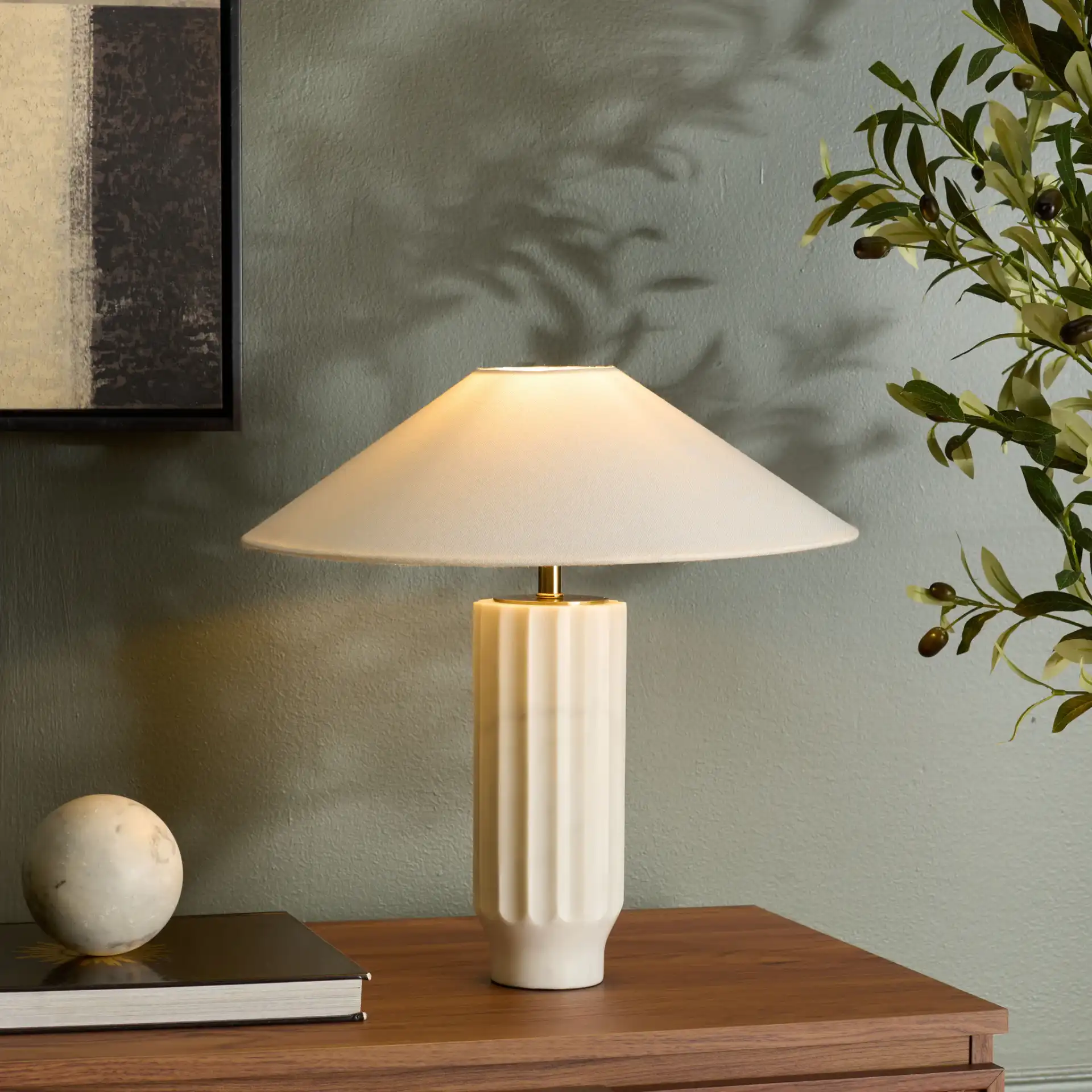 Kori White Marble Table Lamp in Gray / Beige in a styled room