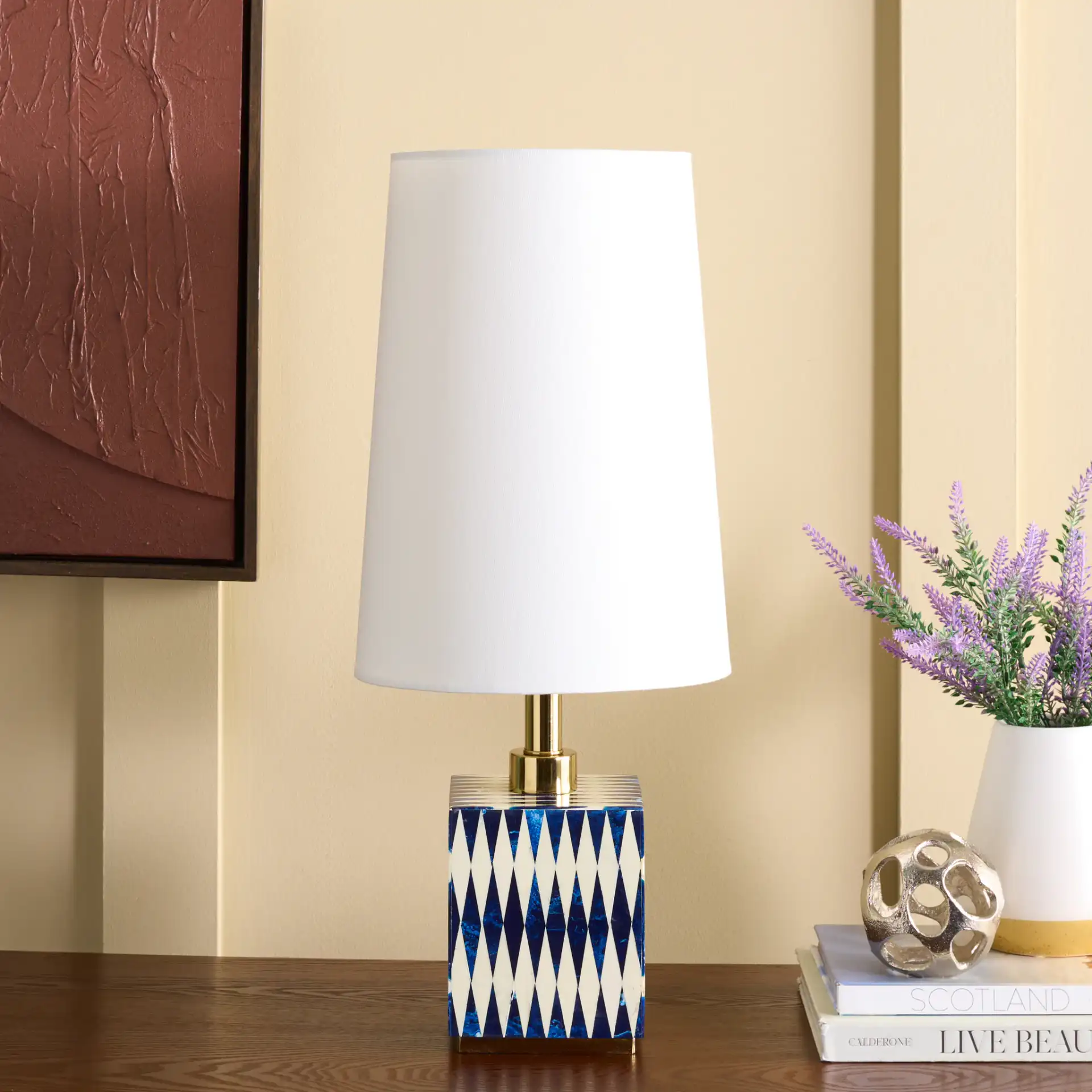 Kye Table Lamp in Blue / White in a styled room
