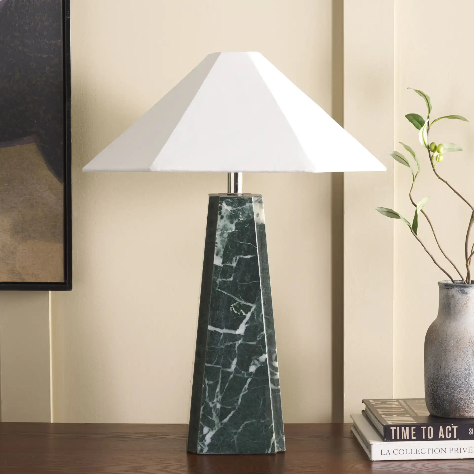 Rylan Marble Table Lamp in Green in a styled room