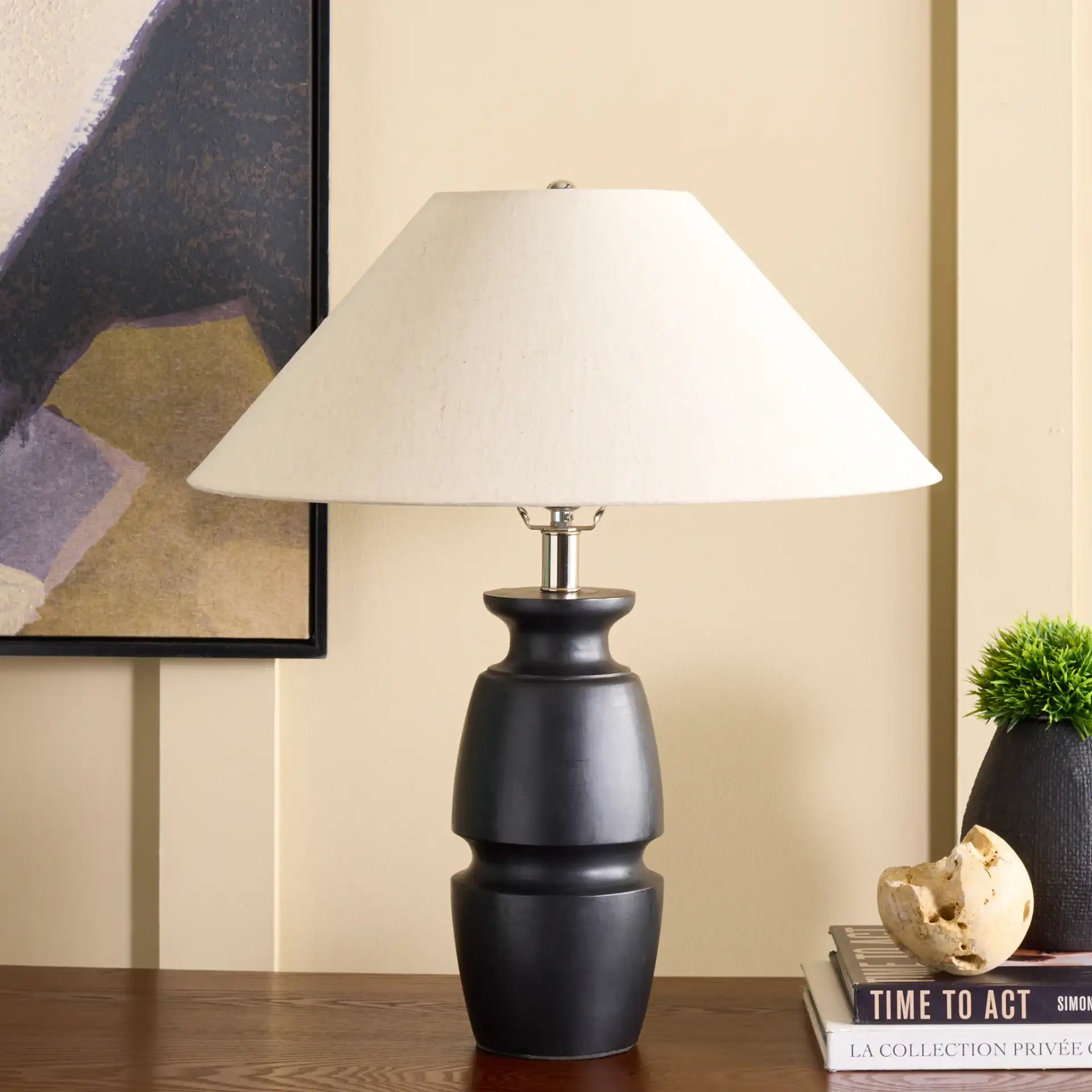 Nakia Table Lamp in Dark Green in a styled room