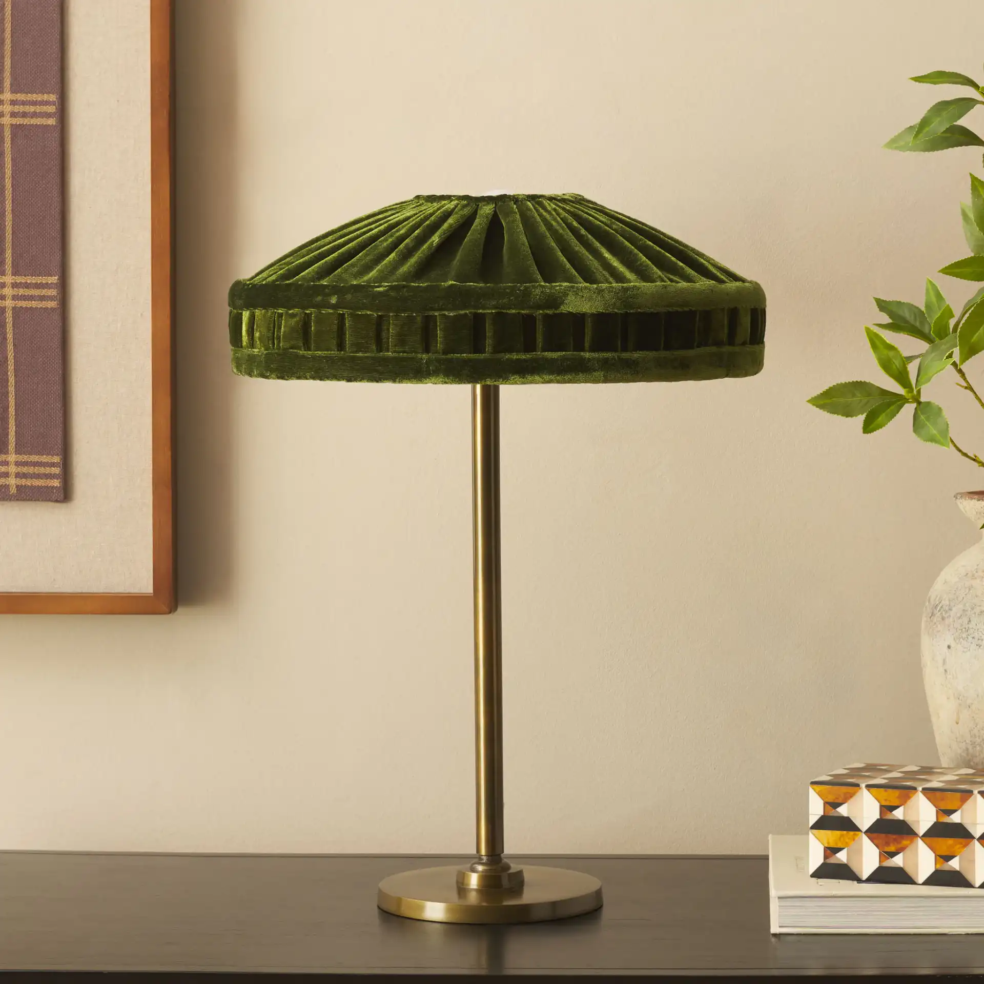 Josie Table Lamp in Green / Antique Brass in a styled room