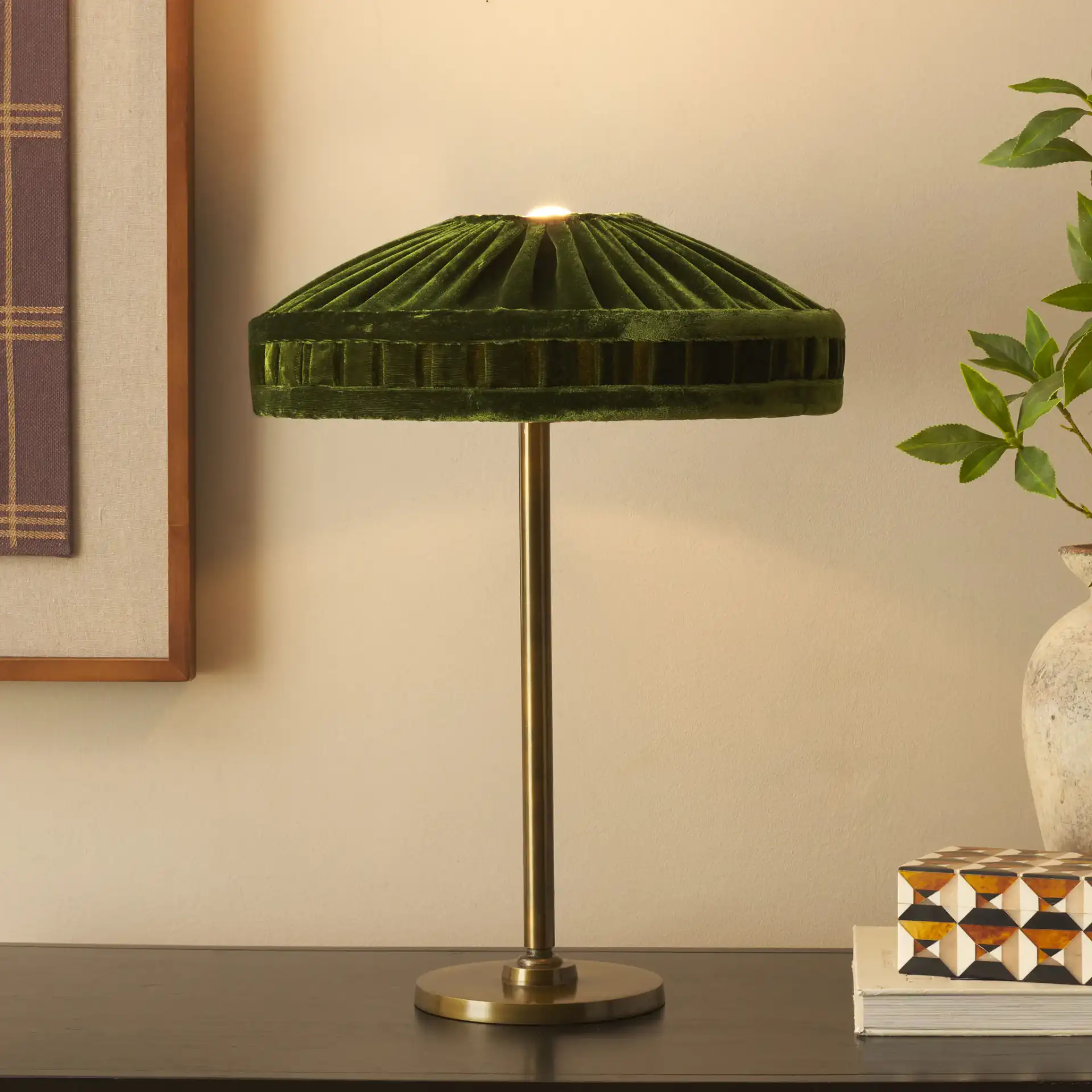 Josie Table Lamp in Green / Antique Brass in a styled room