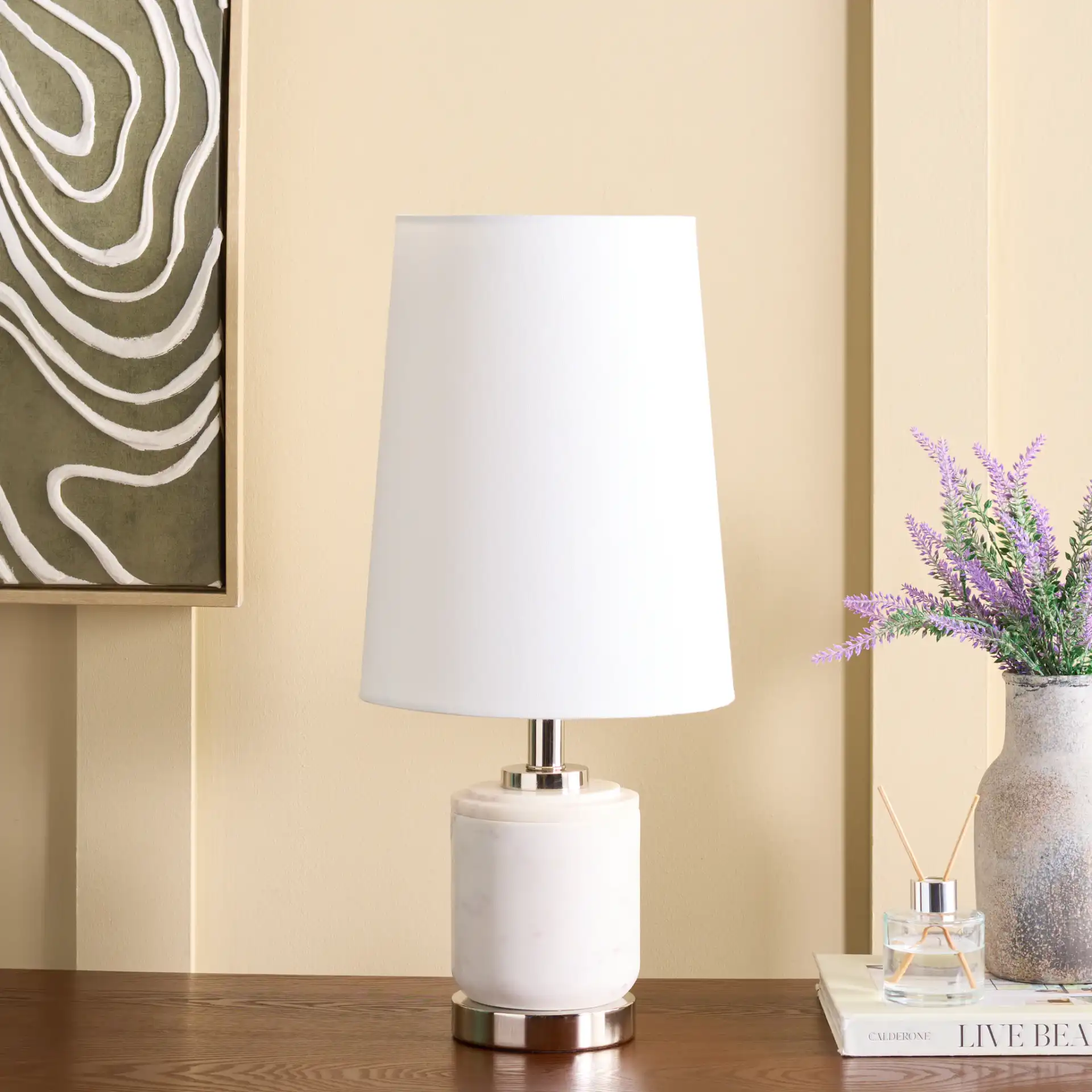 Tigi Table Lamp in White / Silver in a styled room