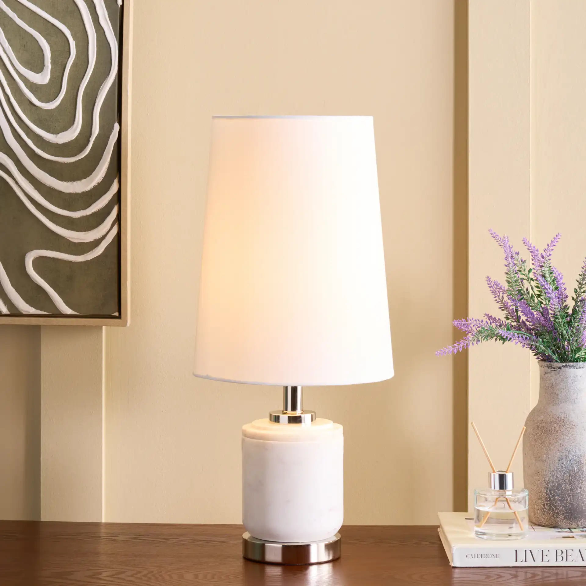 Tigi Table Lamp in White / Silver in a styled room