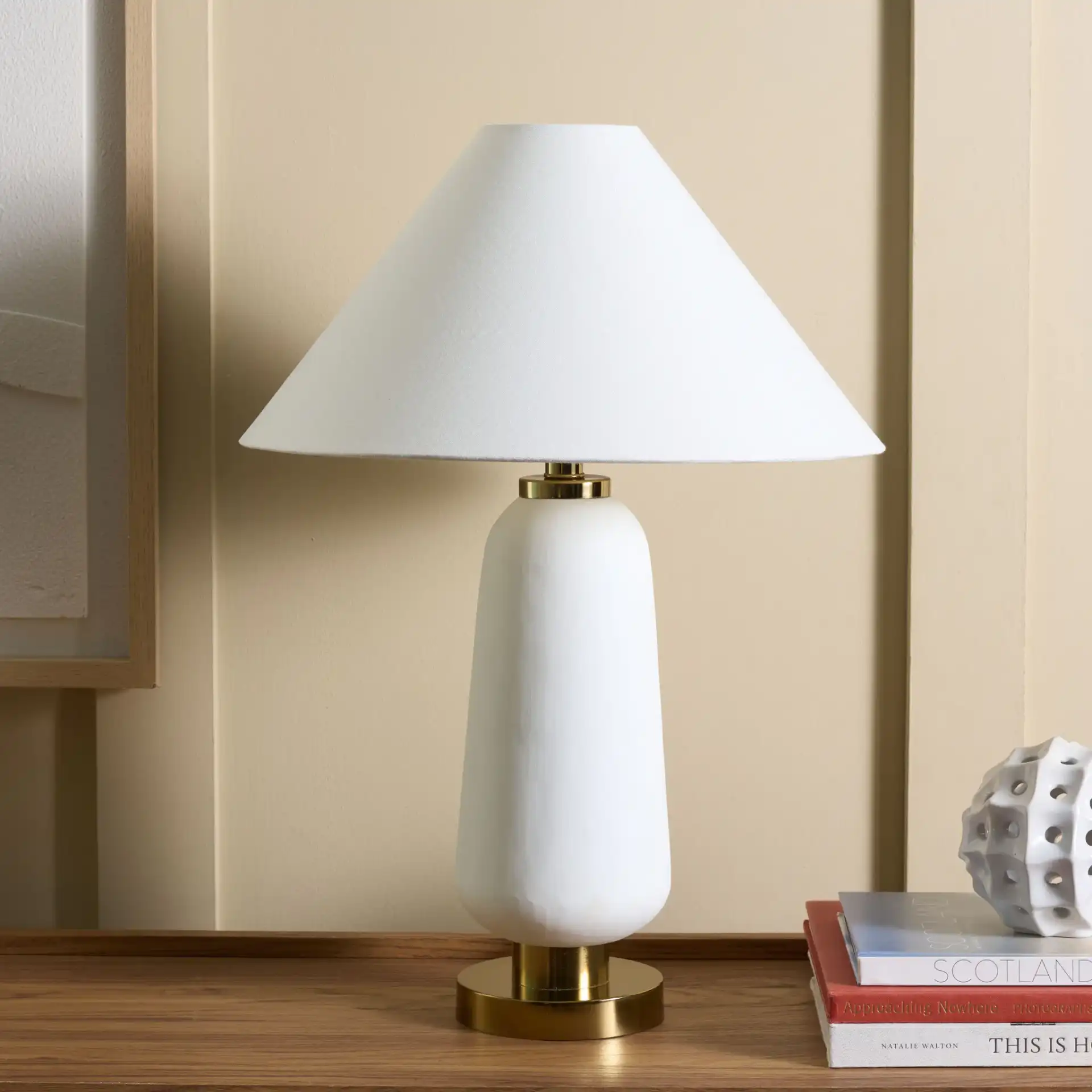 Veri Table Lamp in White / Gold in a styled room