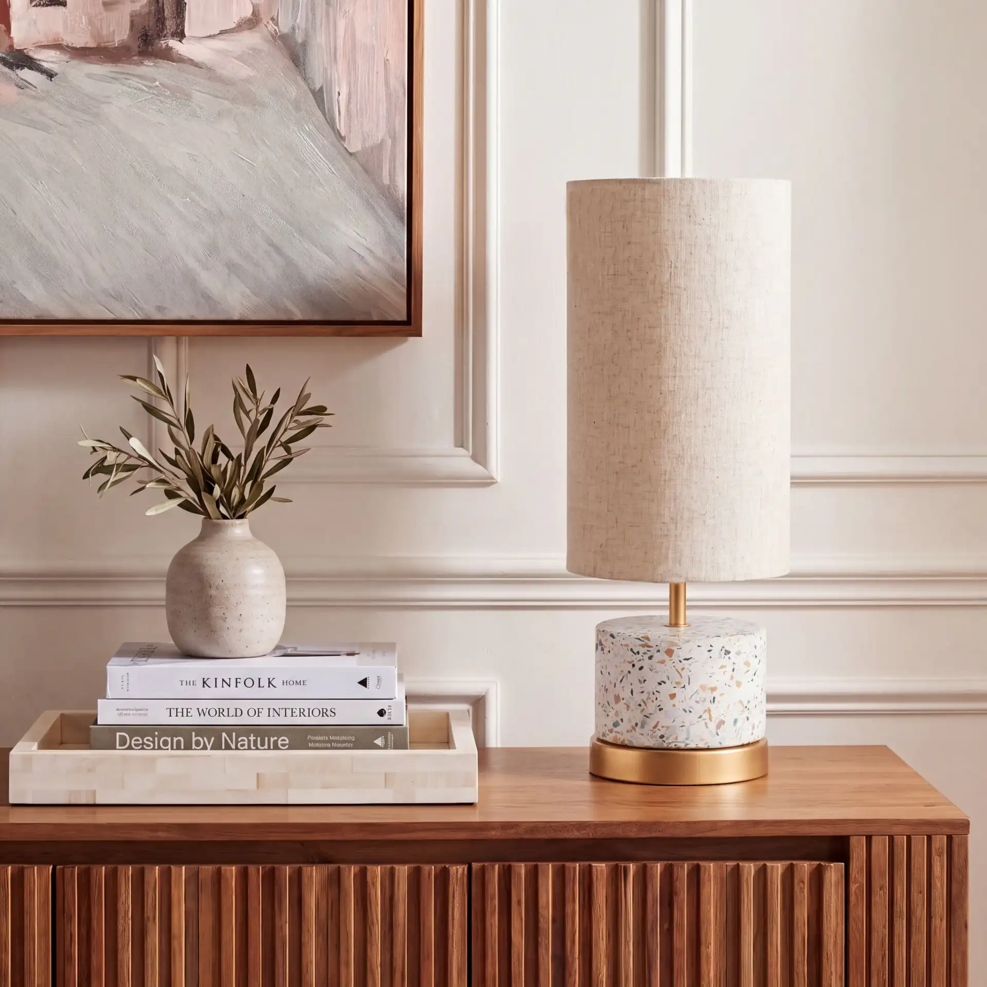 Laszlo Table Lamp in Natural / Gold in a styled room