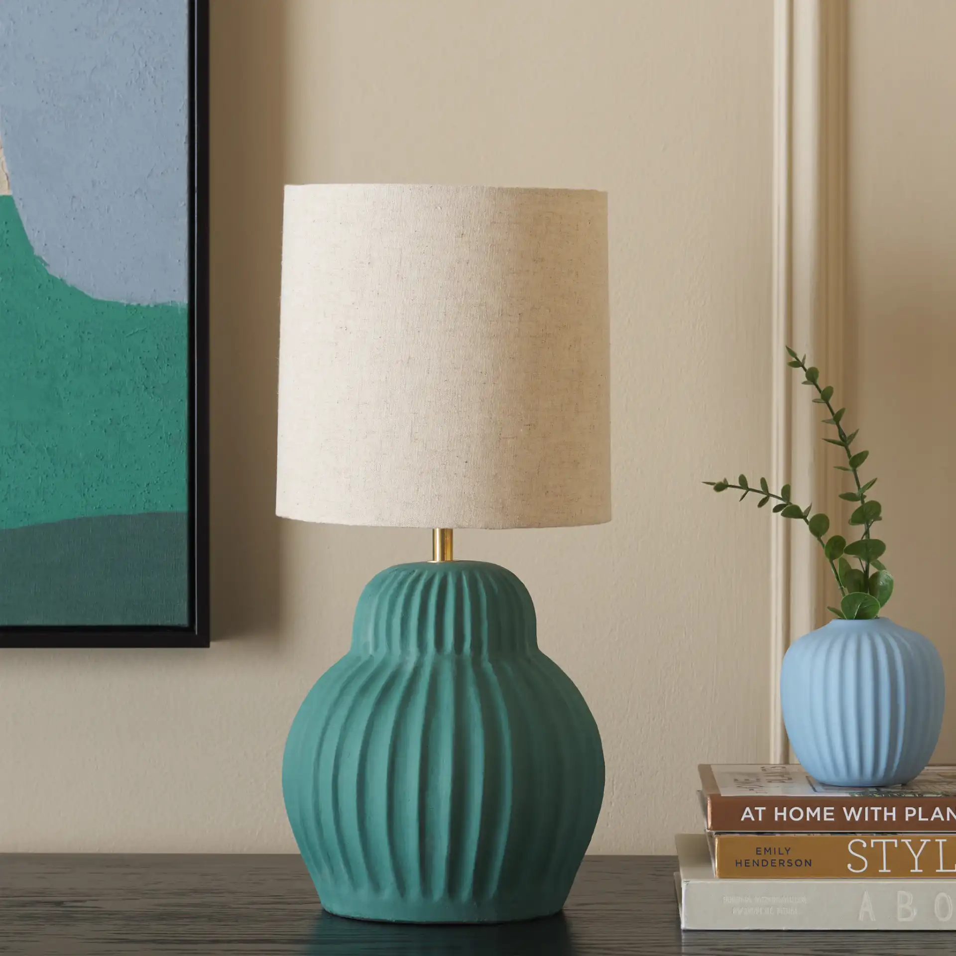 Destryn Table Lamp in Teal in a styled room