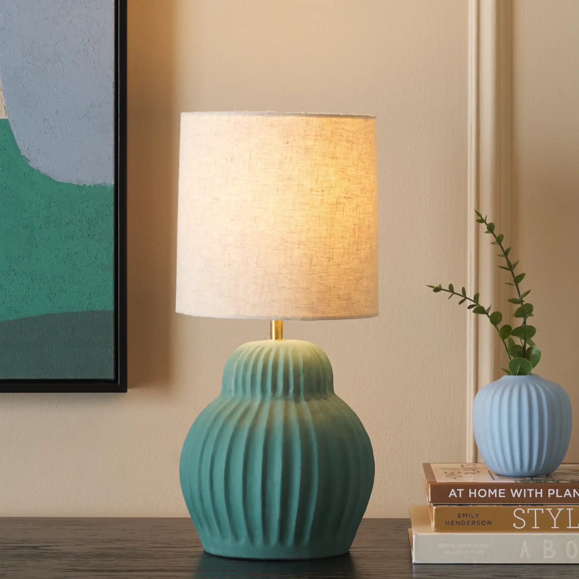 Destryn Table Lamp in Teal in a styled room