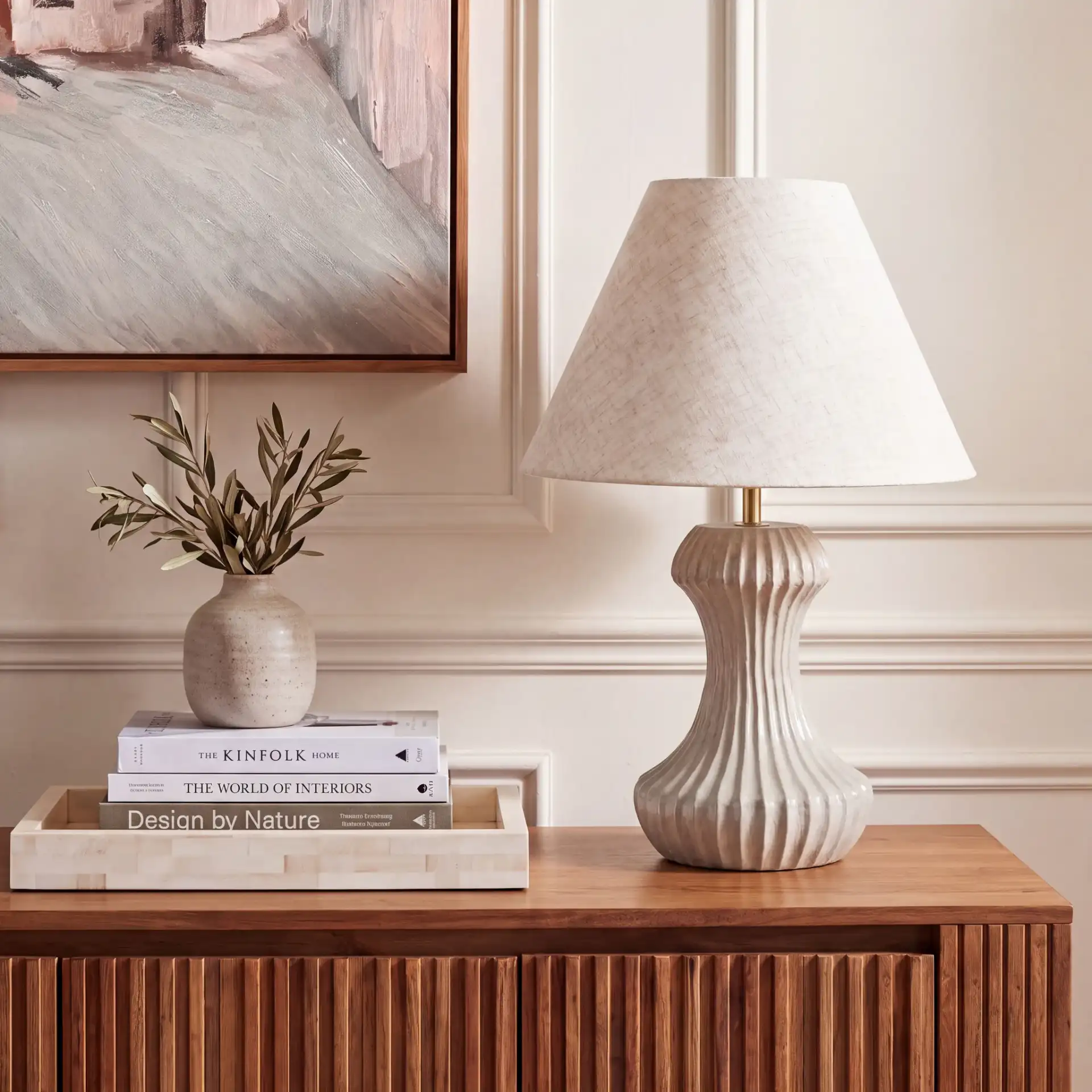 Cosmea Table Lamp in Off-White in a styled room
