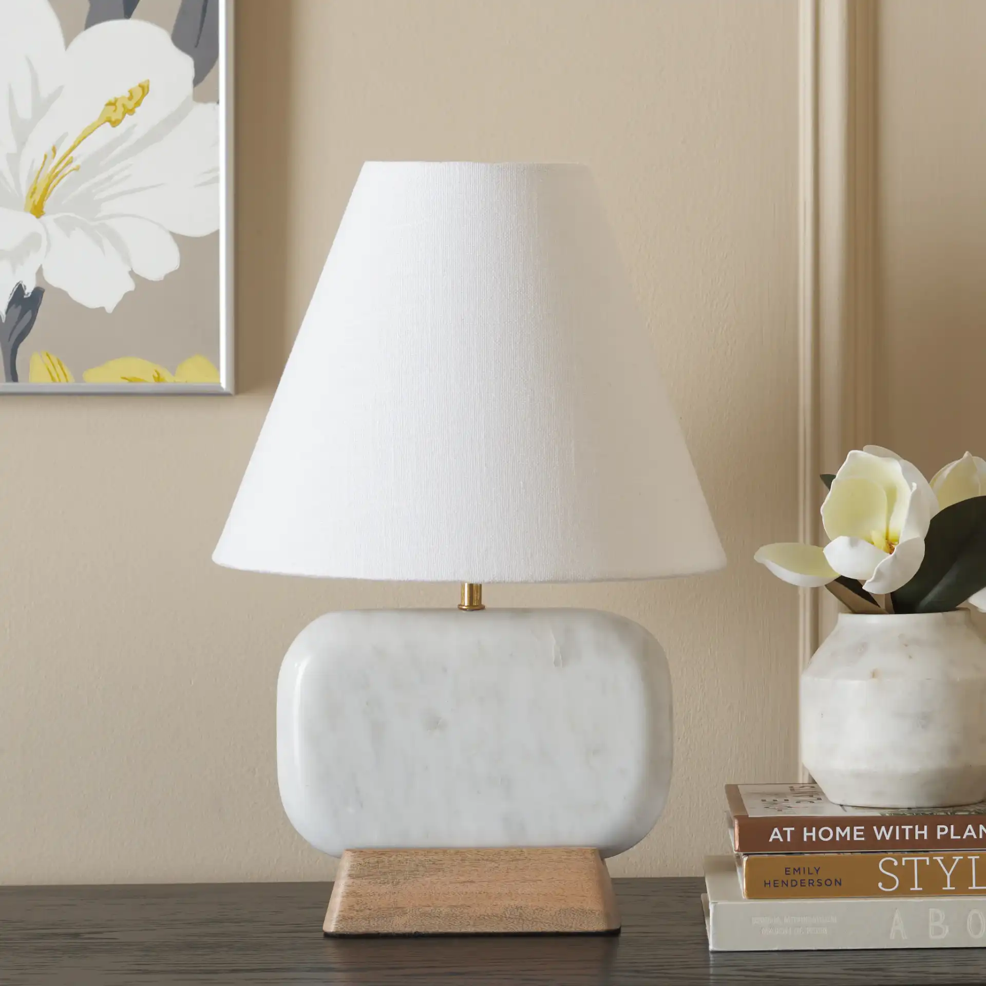 Naira Table Lamp in White Marble / Natural in a styled room