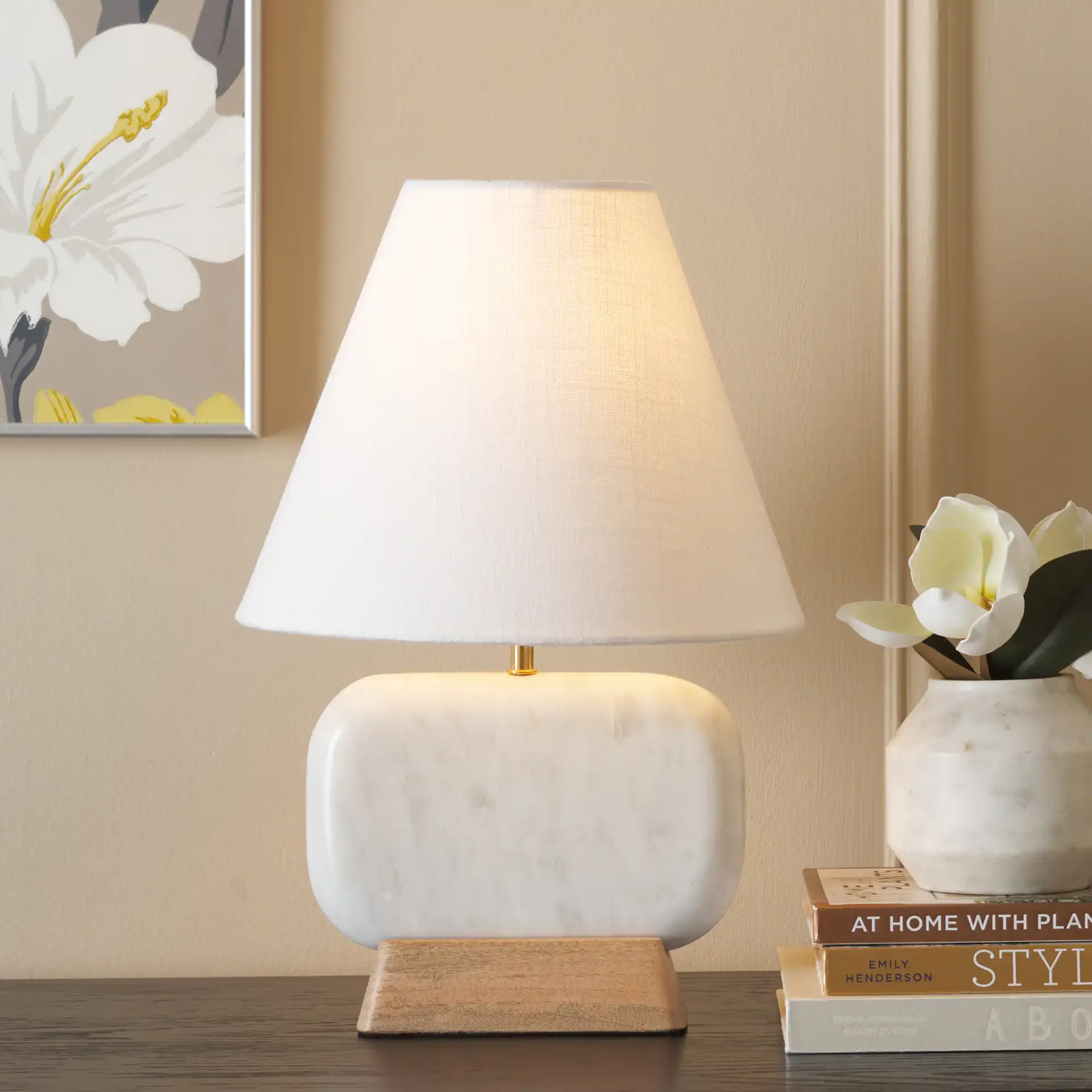Naira Table Lamp in White Marble / Natural in a styled room
