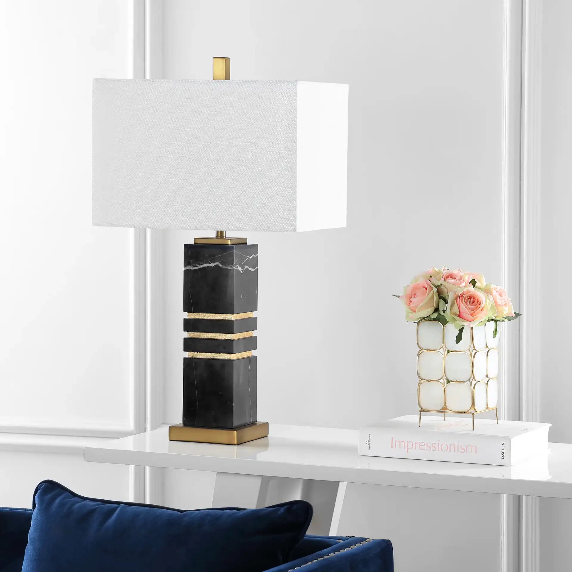 Jaxton Table Lamp in White / Gold in a styled room