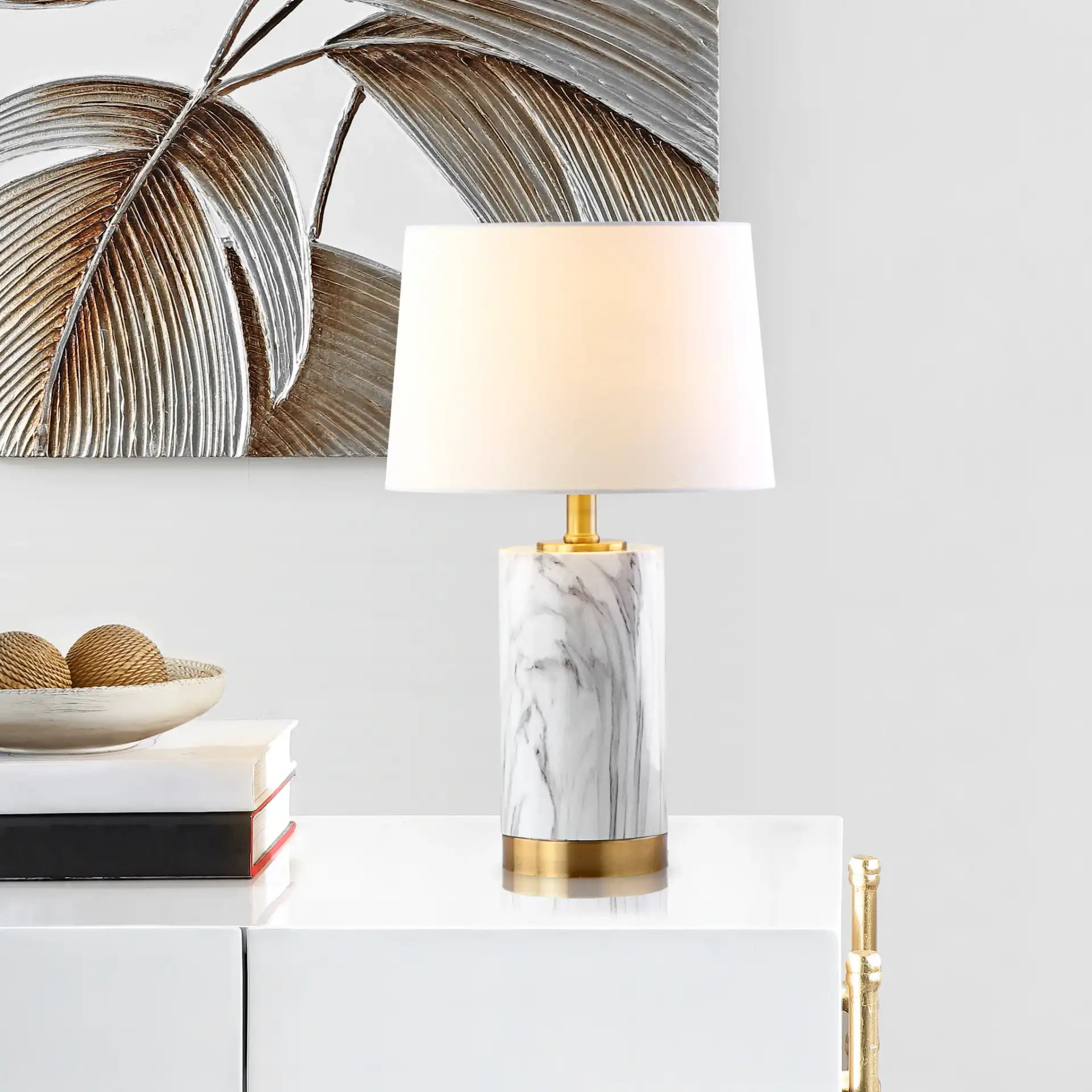 Winston Table Lamp in White Marble / Gold in a styled room