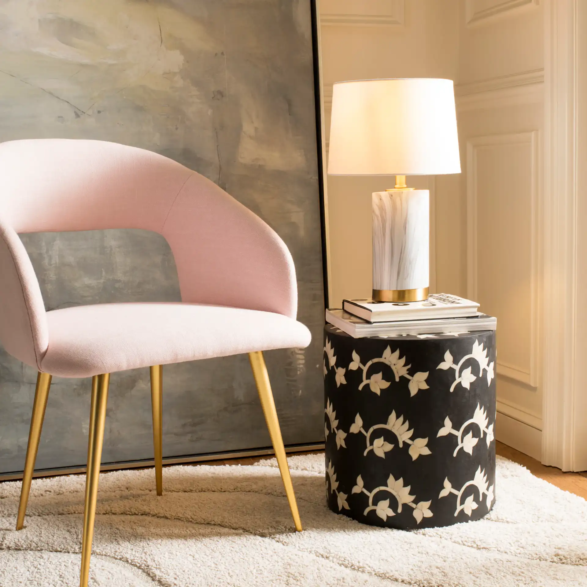 Winston Table Lamp in White Marble / Gold in a styled room