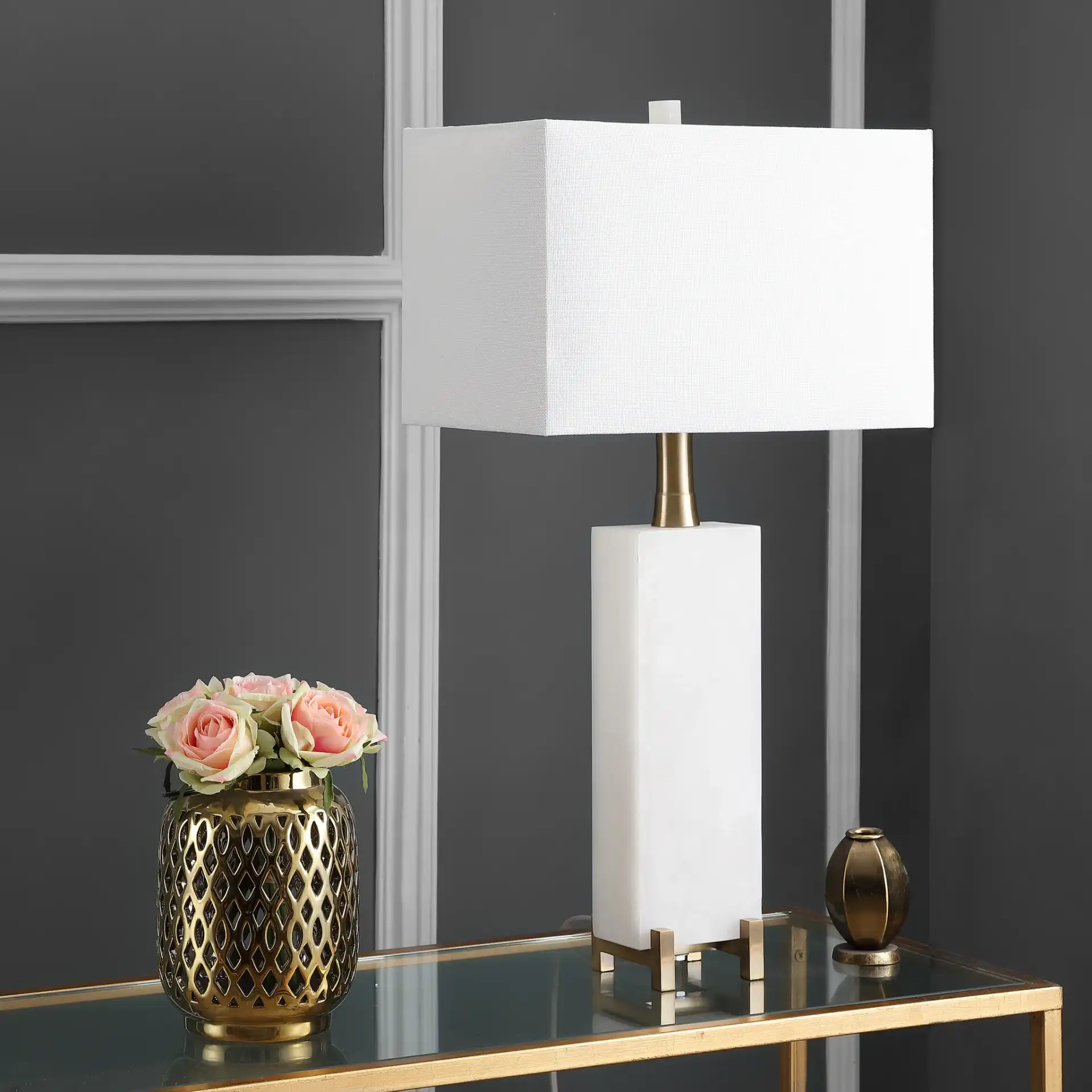 Sloane Alabaster Table Lamp in White / Brass Gold in a styled room