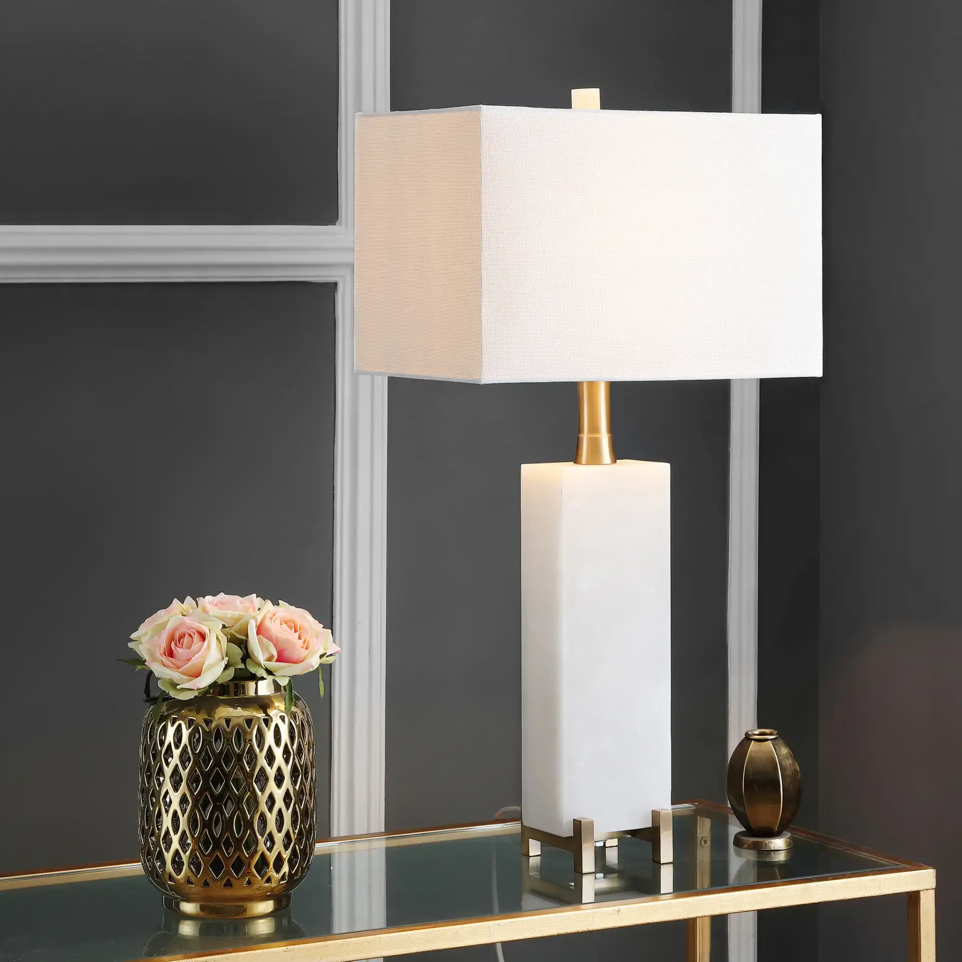 Sloane Alabaster Table Lamp in White / Brass Gold in a styled room