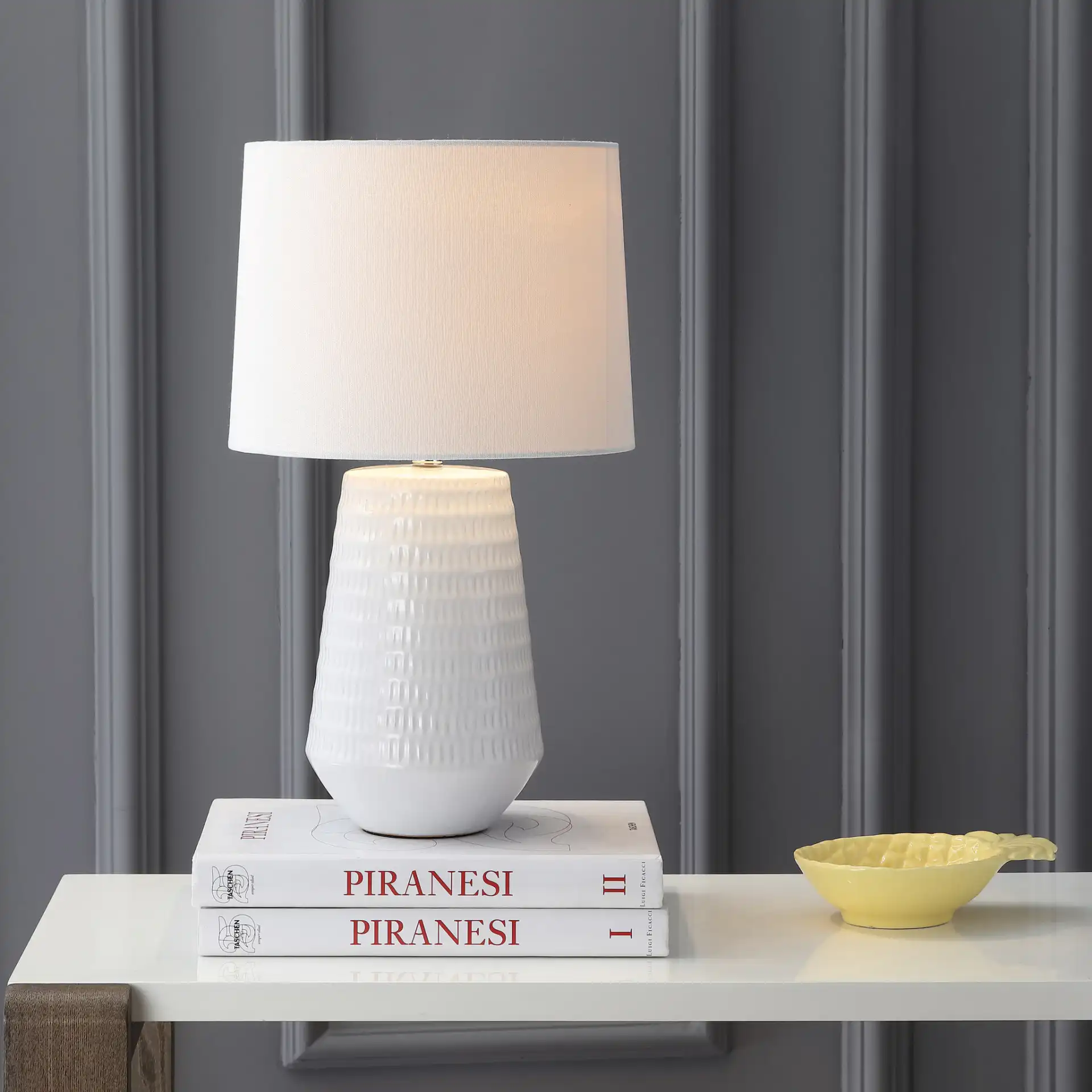 Stark Table Lamp in White in a styled room