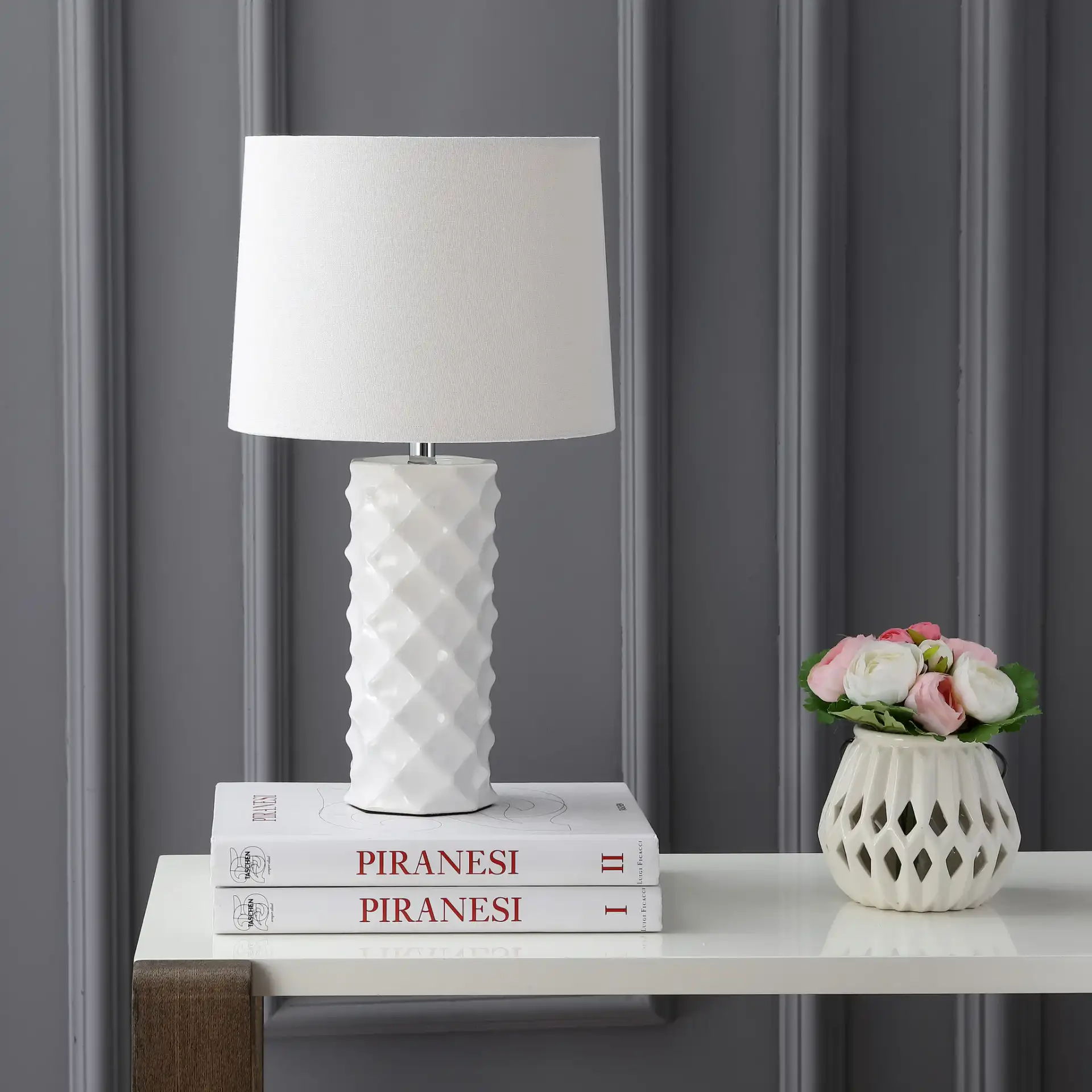 Belford Table Lamp in White in a styled room