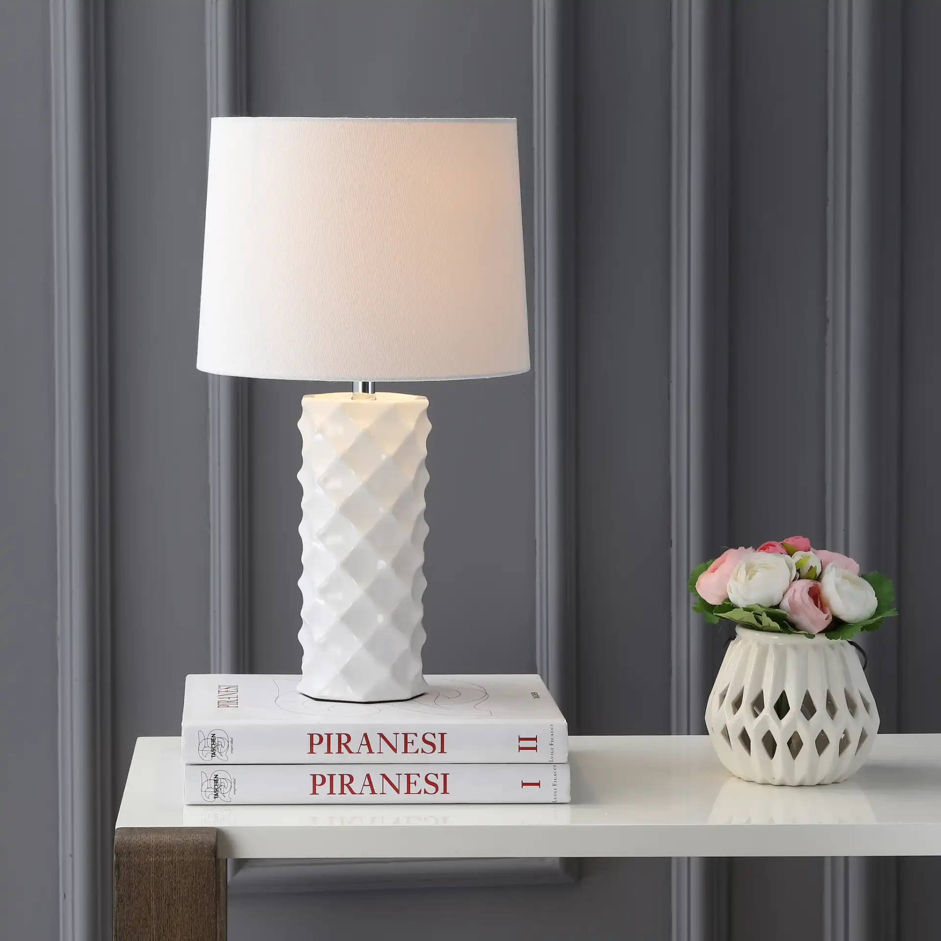 Belford Table Lamp in White in a styled room