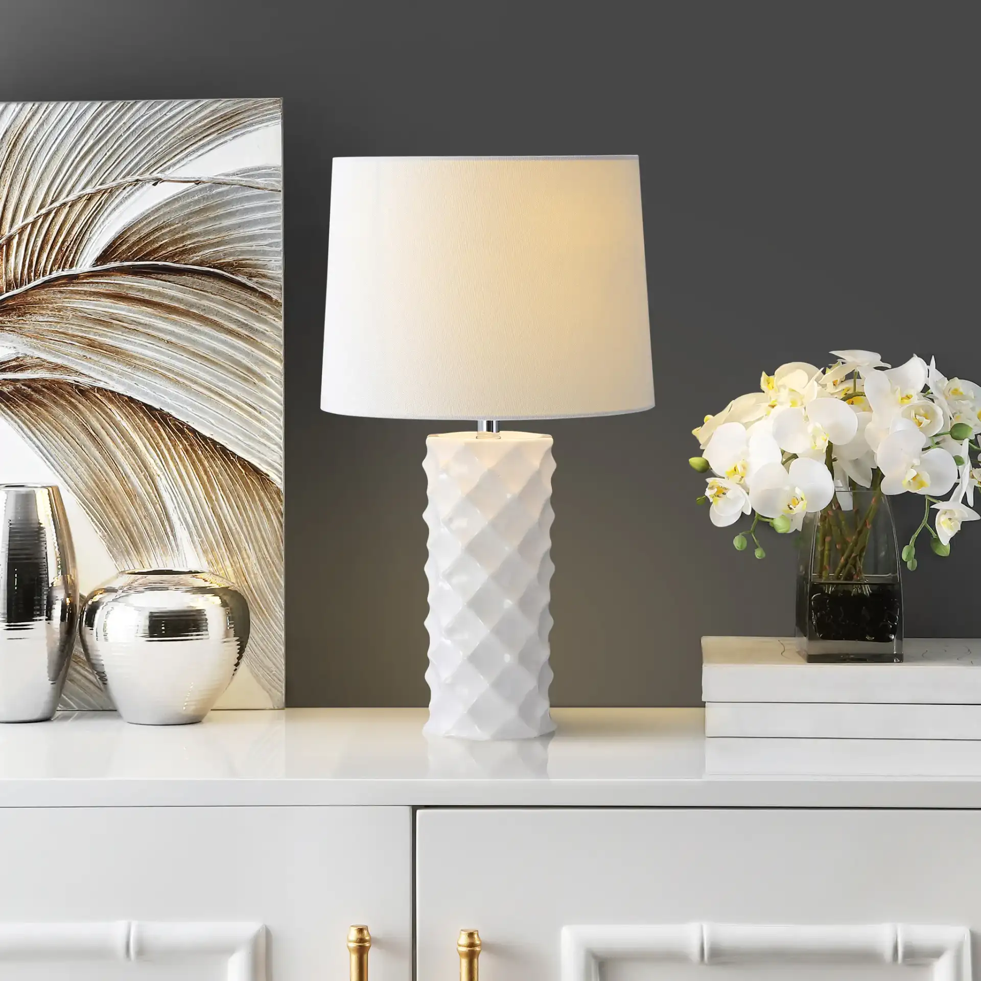 Belford Table Lamp in White in a styled room
