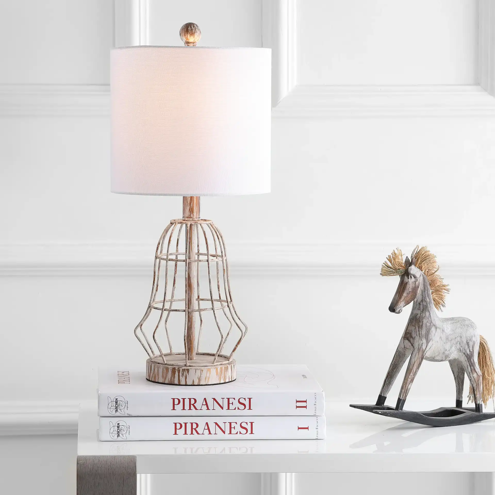 Canes Table Lamp in Metal Antiqued in a styled room