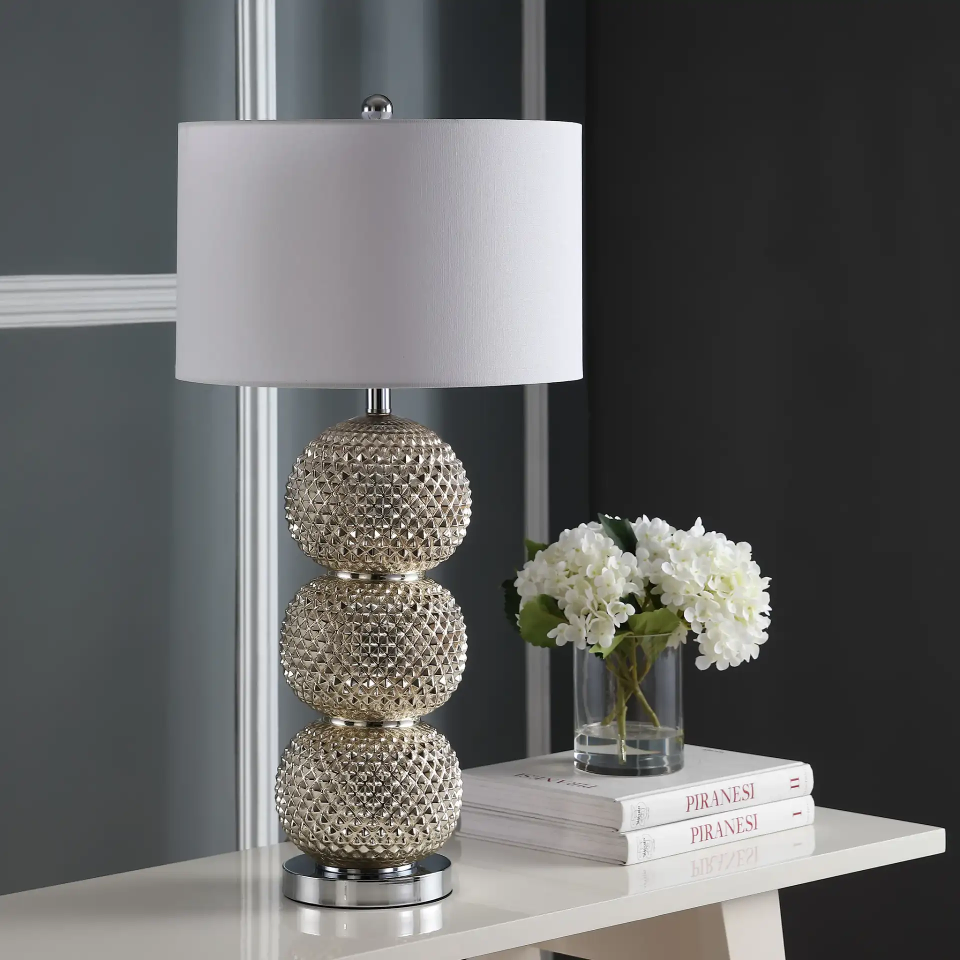 Darcia Table Lamp in Silver in a styled room