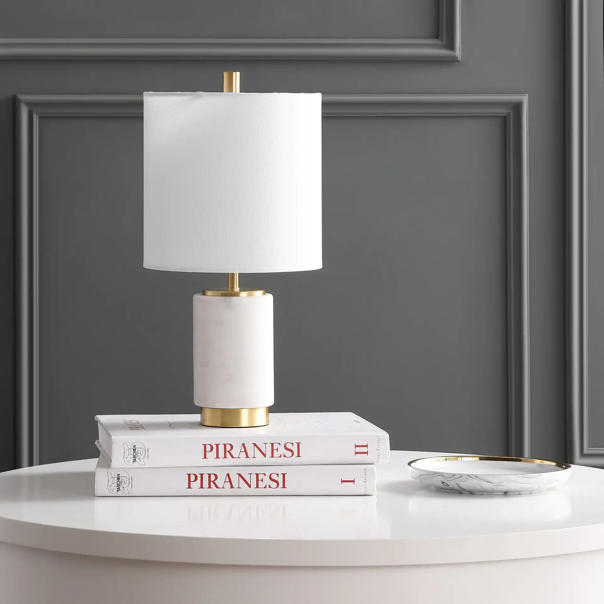 Davion Table Lamp in Brass in a styled room