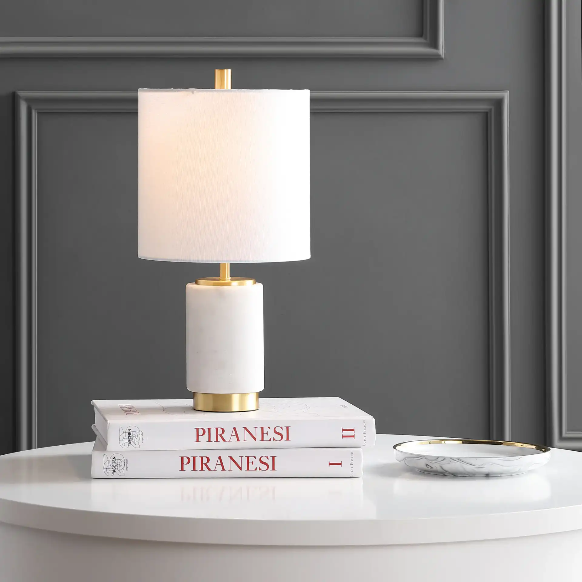 Davion Table Lamp in Brass in a styled room
