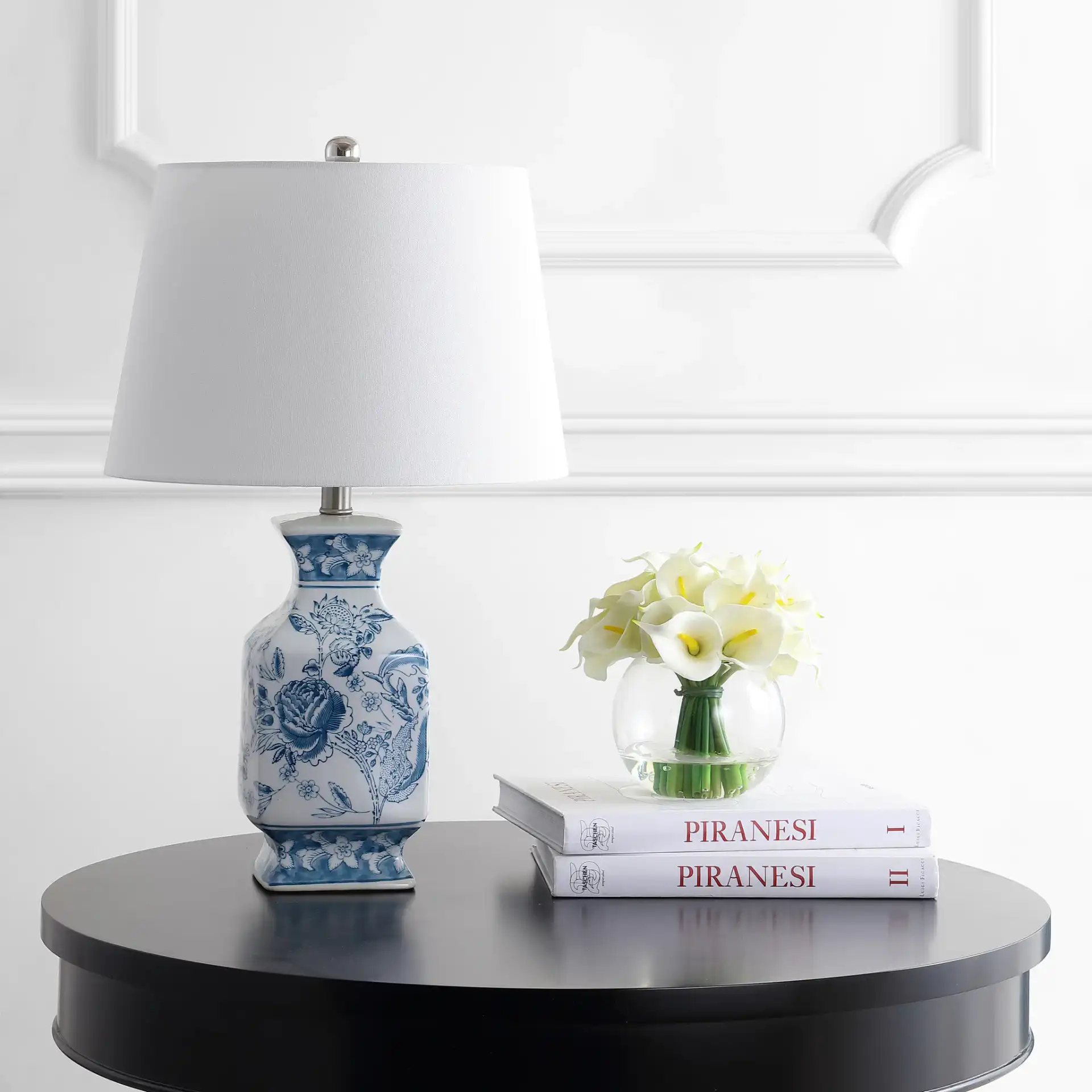 Mayson Table Lamp in Blue / White in a styled room