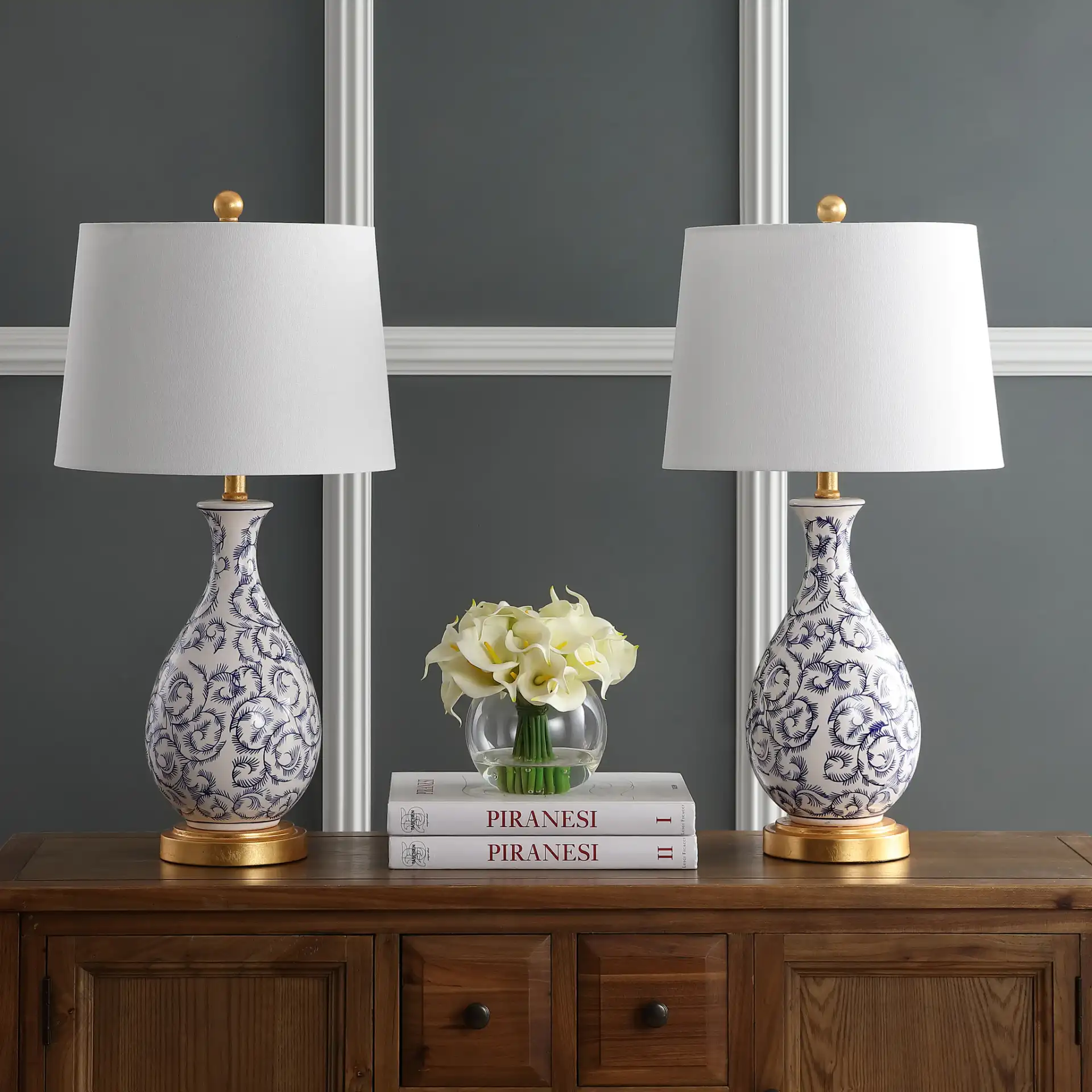 Avi Table Lamp (Set Of 2) in Blue / White in a styled room