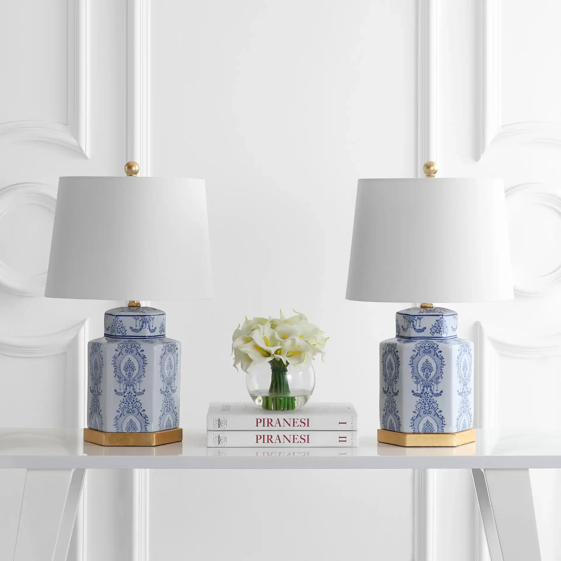 Bodin Table Lamp (Set of 2) in Blue / White in a styled room