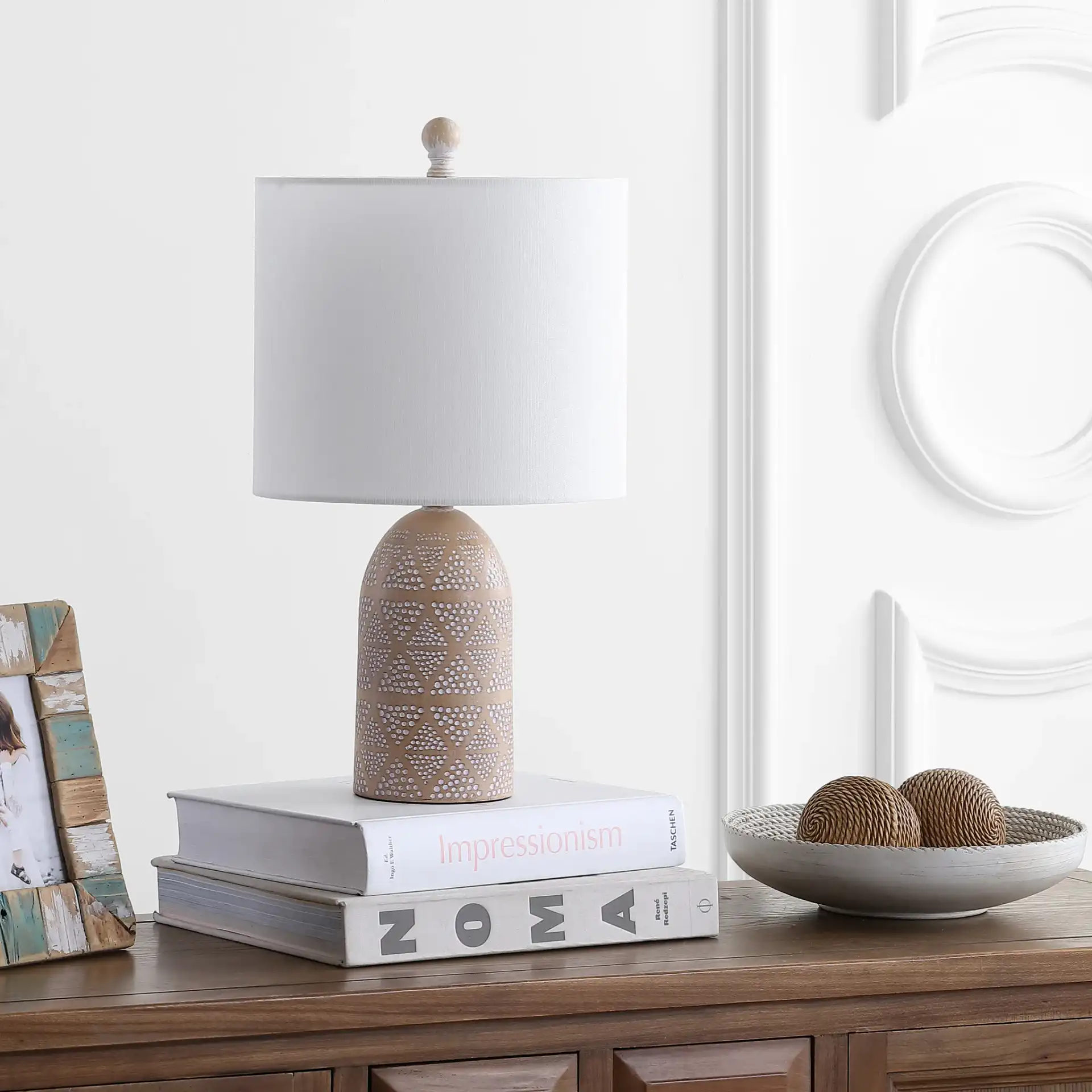 Nava Table Lamp in Sand in a styled room