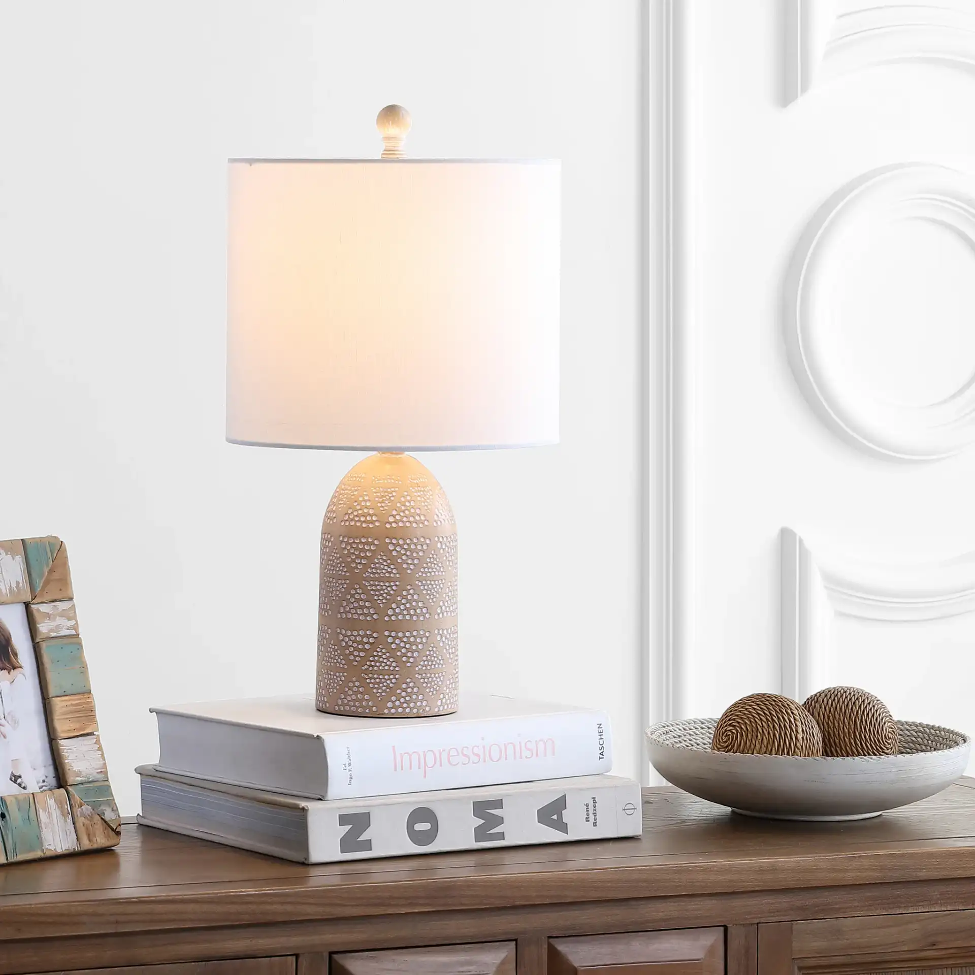 Nava Table Lamp in Sand in a styled room