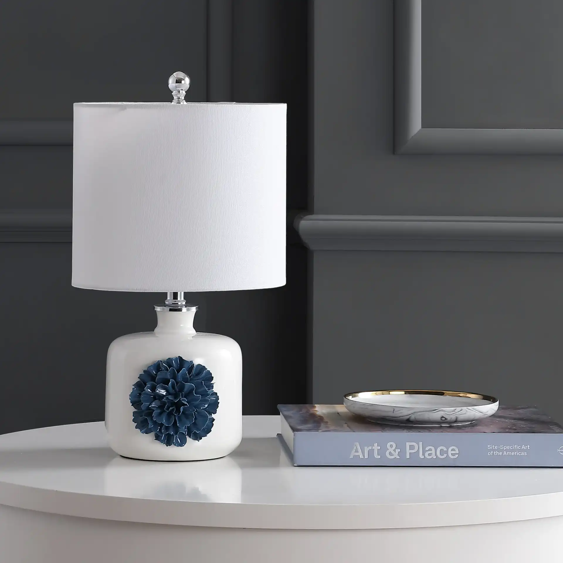 Olinda Table Lamp in White / Blue in a styled room