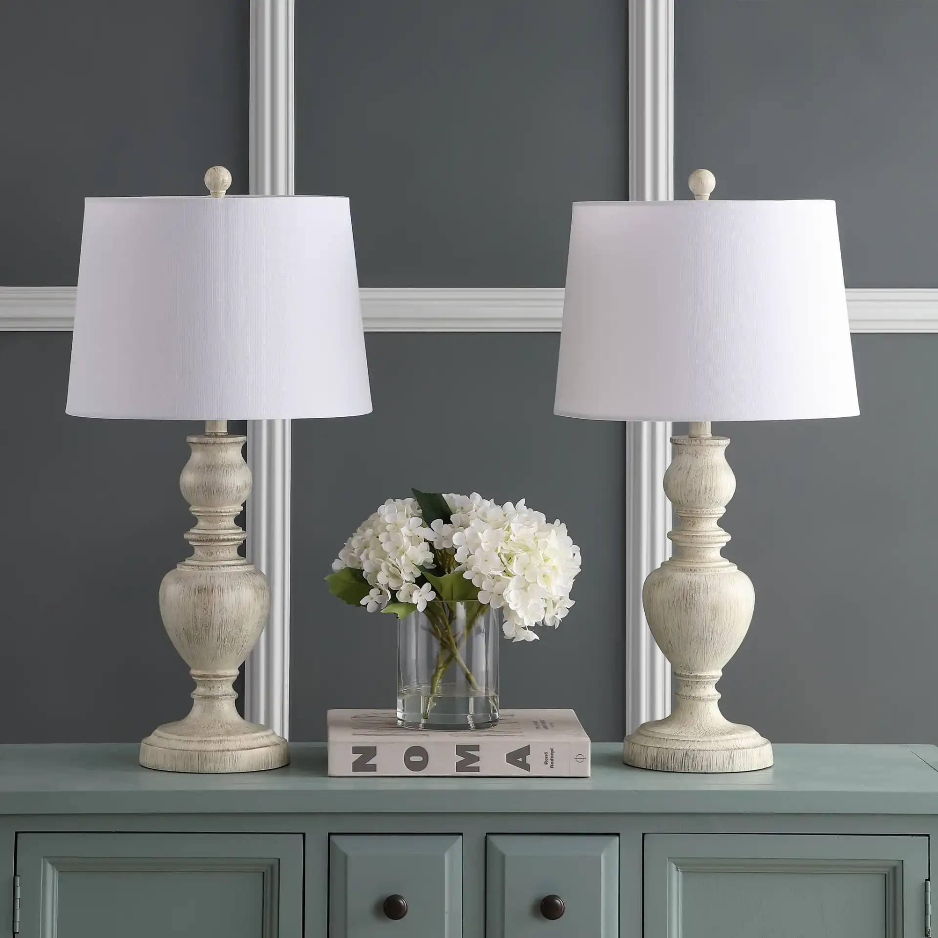 Zabi Table Lamp (Set Of 2) in White Washed in a styled room